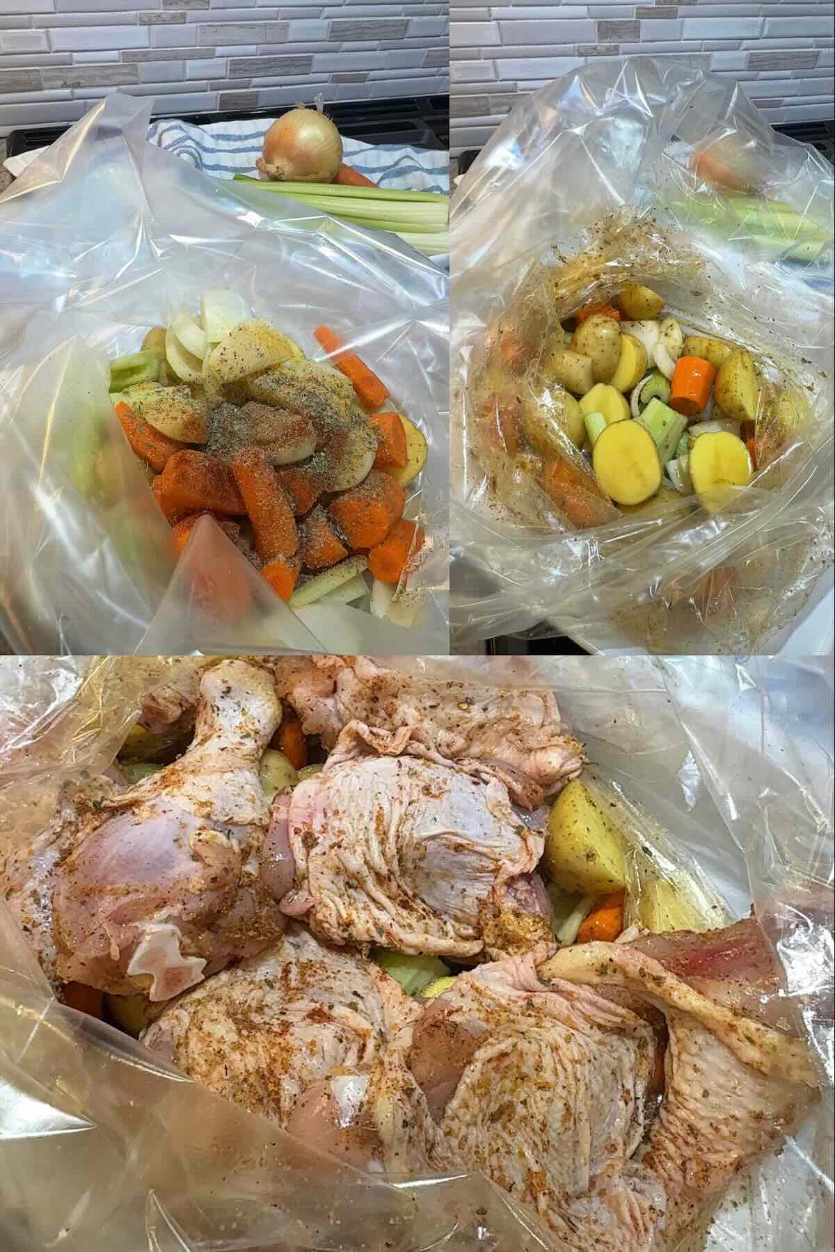 chicken and vegetables in an oven safe cooking bag