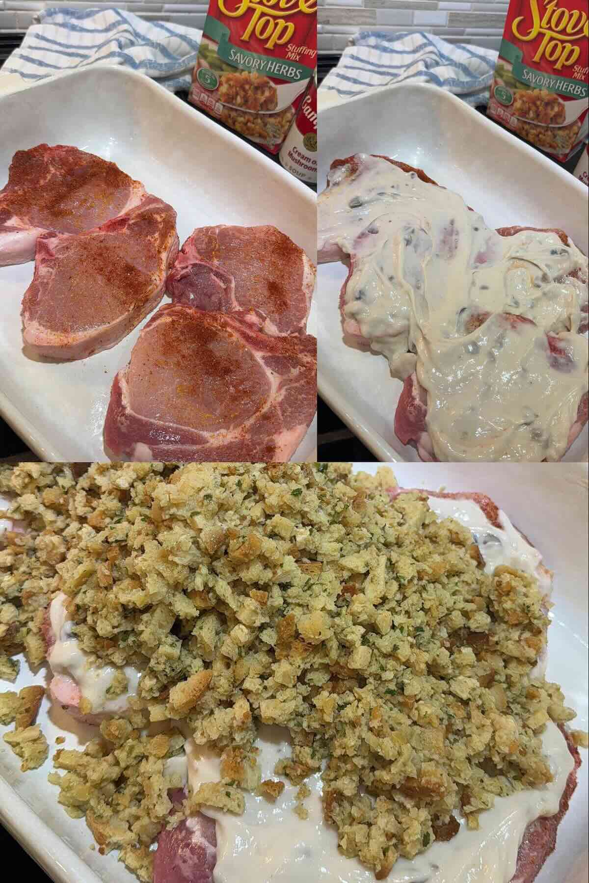 seasoned pork chops covered in cream of mushroom soup and stove top stuffing mix