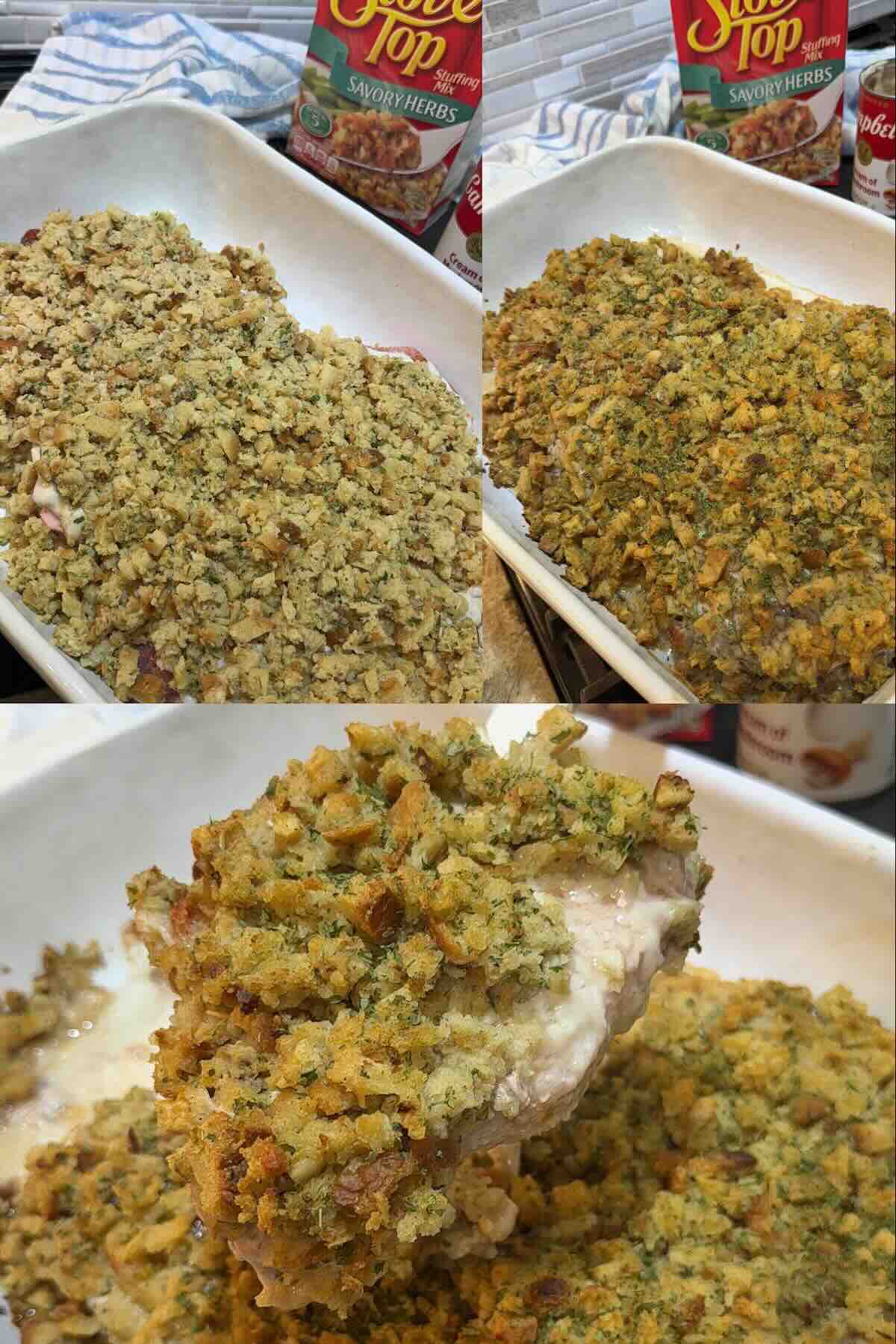 seasoned pork chops cooked with cream of mushroom soup and stovetop stuffing