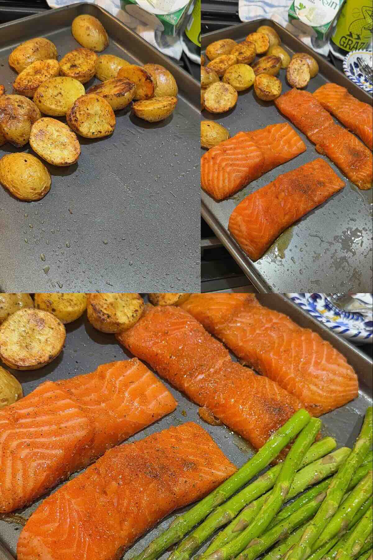 roasted potatoes, salmon and asparagus on sheet pan