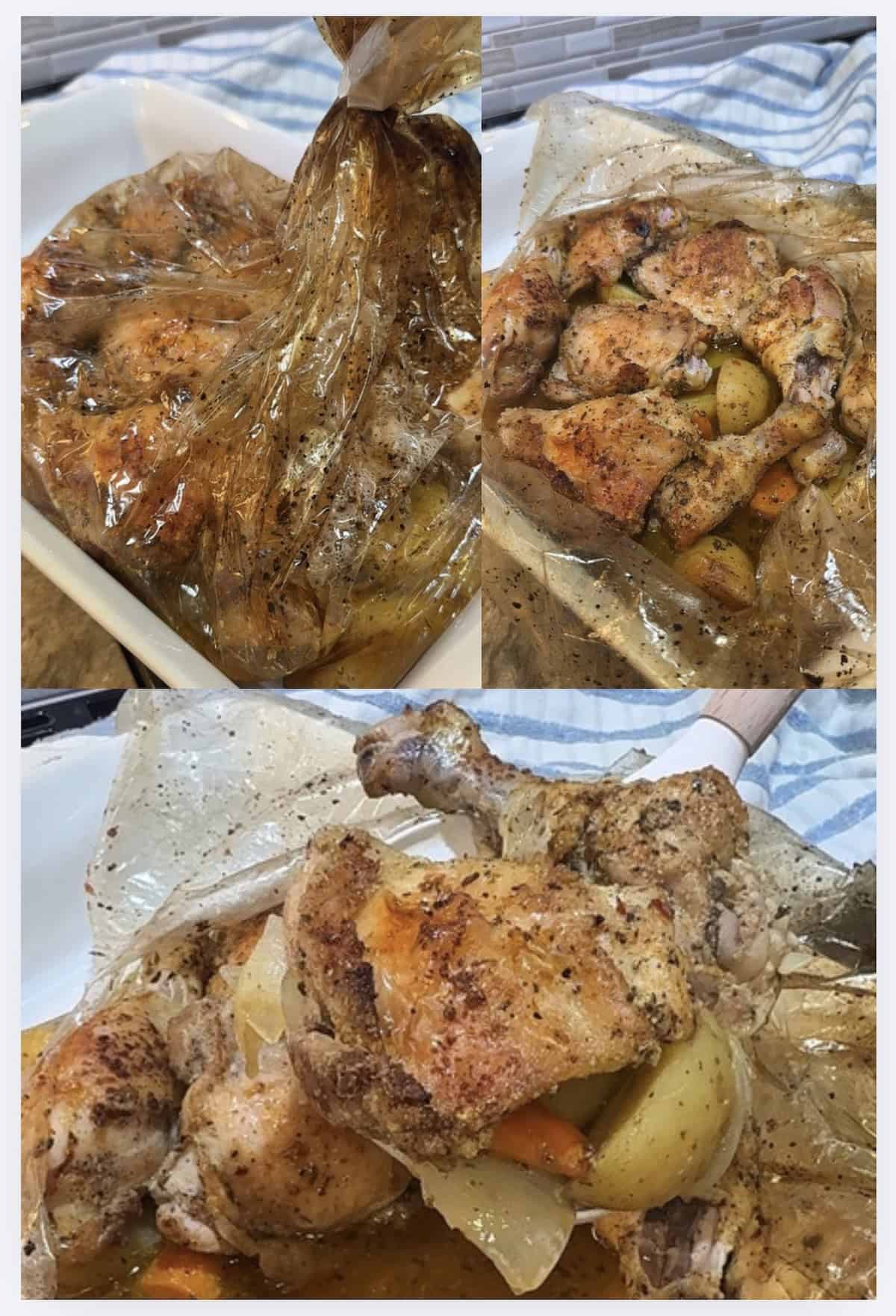chicken and vegetables cooked in an oven safe bag