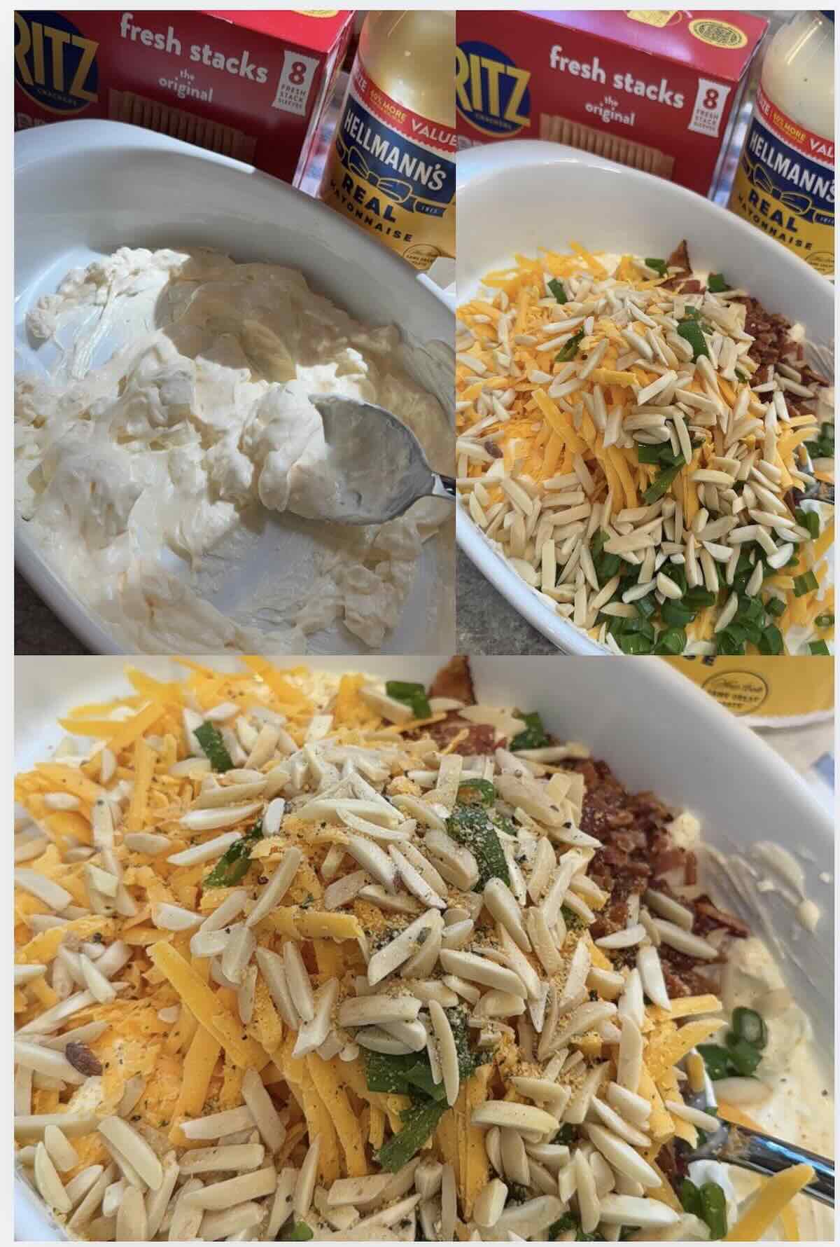 cream cheese, mayonnaise, crumbled bacon, green onions and slivered almonds in bowl mixed together