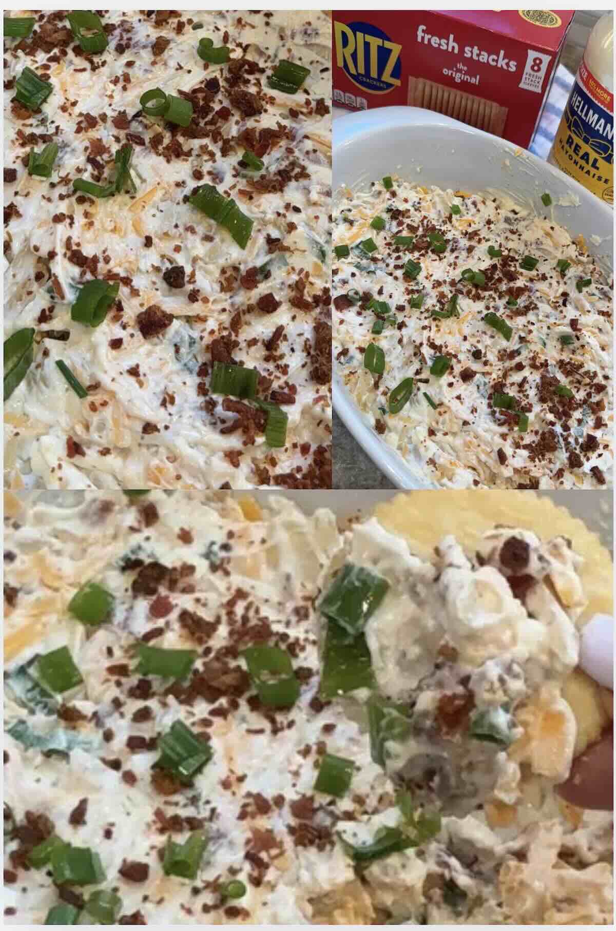 million dollar dip ingredients mixed together in a serving dish.