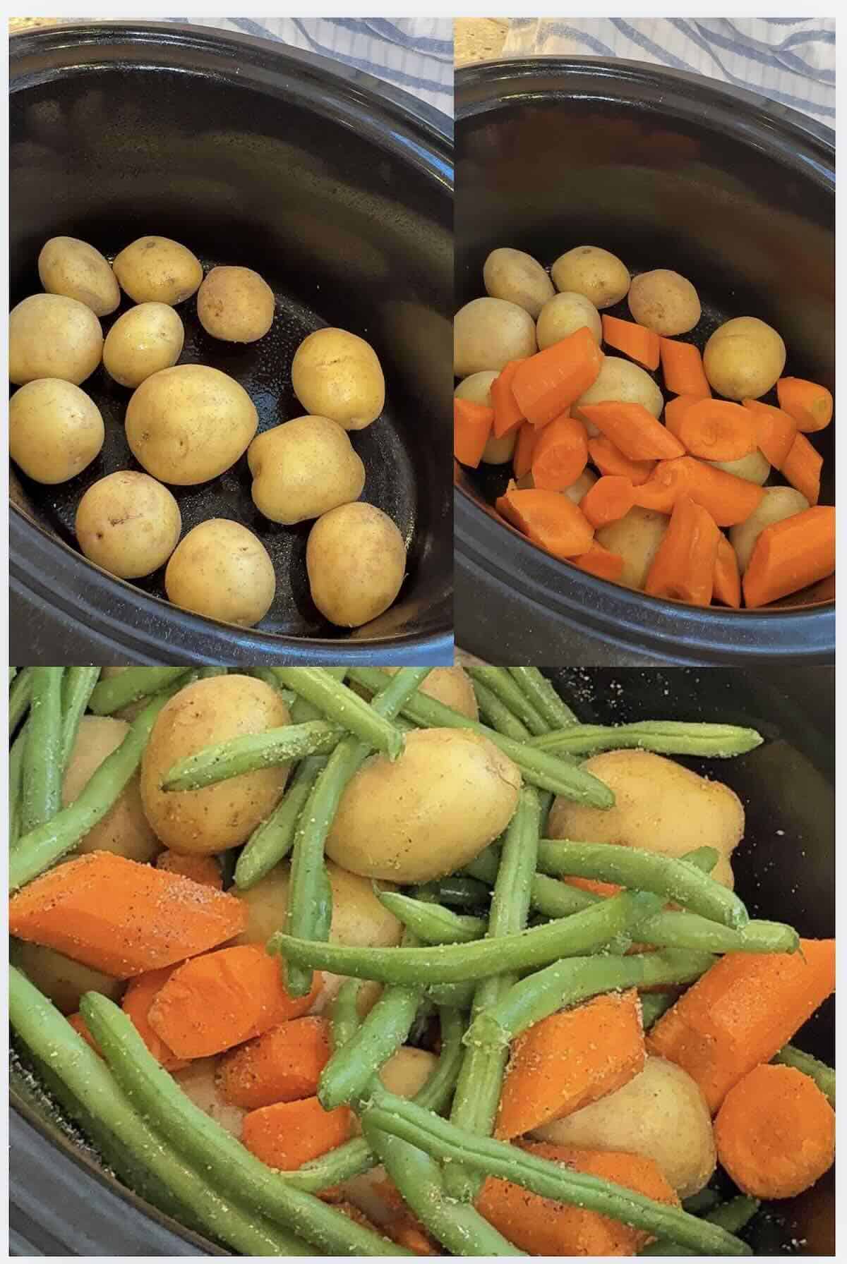 potatoes, carrots and green beans in a greased crockpot