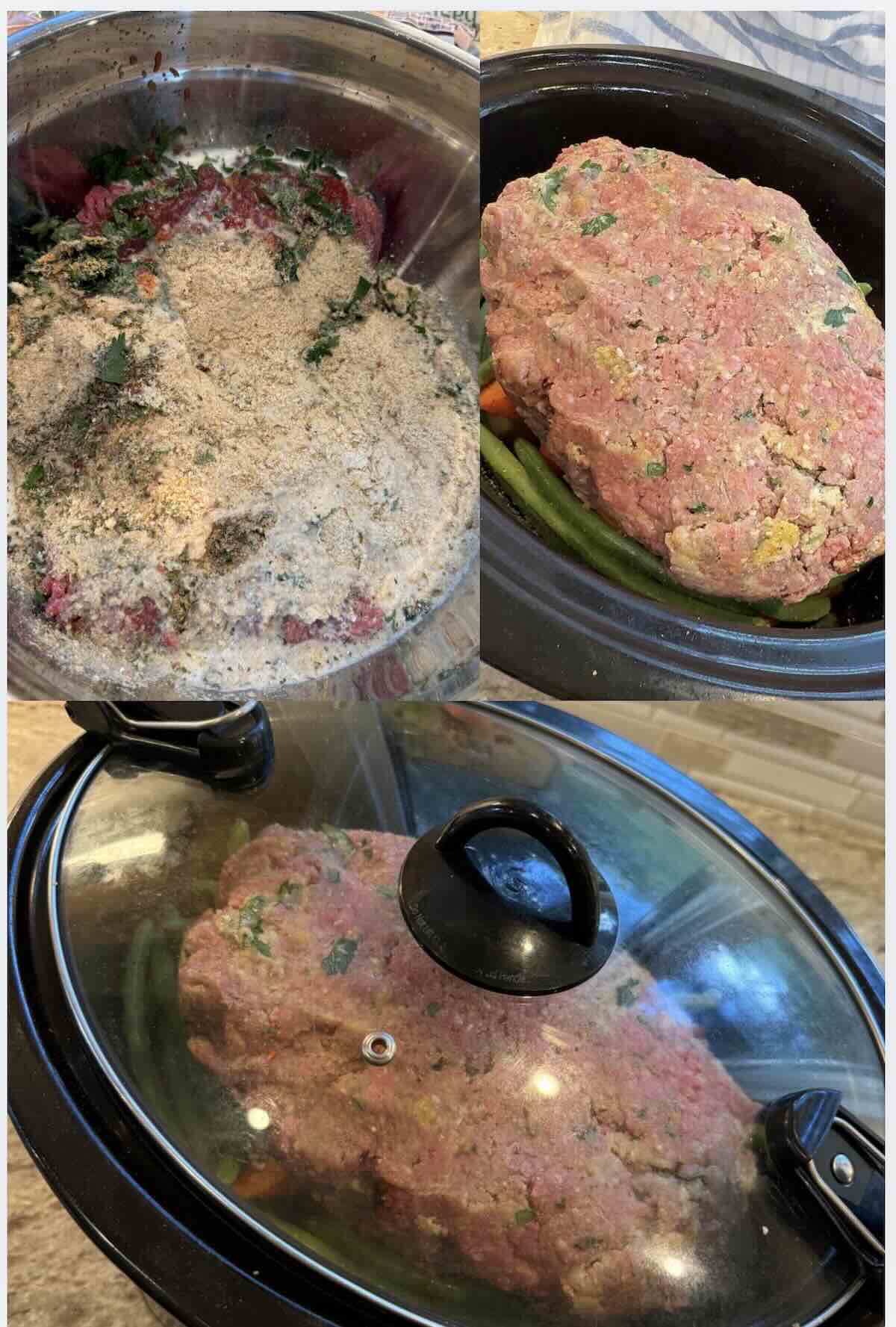 meatloaf placed on top of vegetables in crockpot