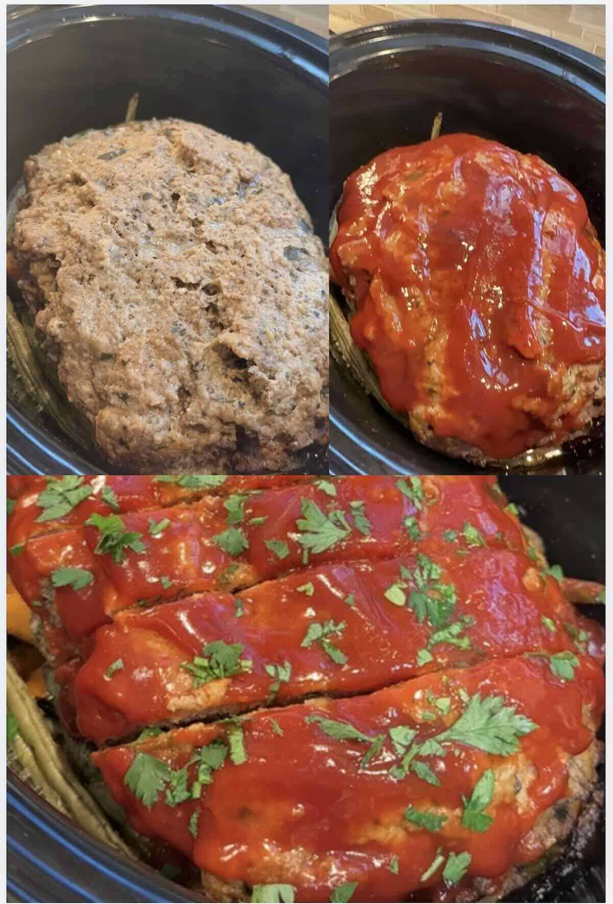 meatloaf cooked on top of veggies in crockpot with a glaze and parsley