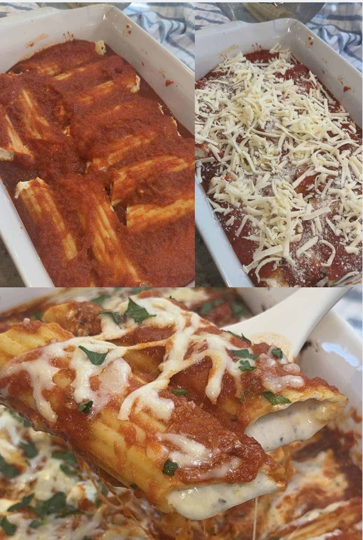 manicotti in baking dish topped with cheese and baked until hot and bubbly