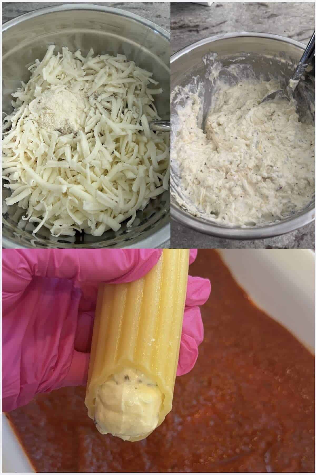 ricotta cheese mixture pipped into manicotti shells