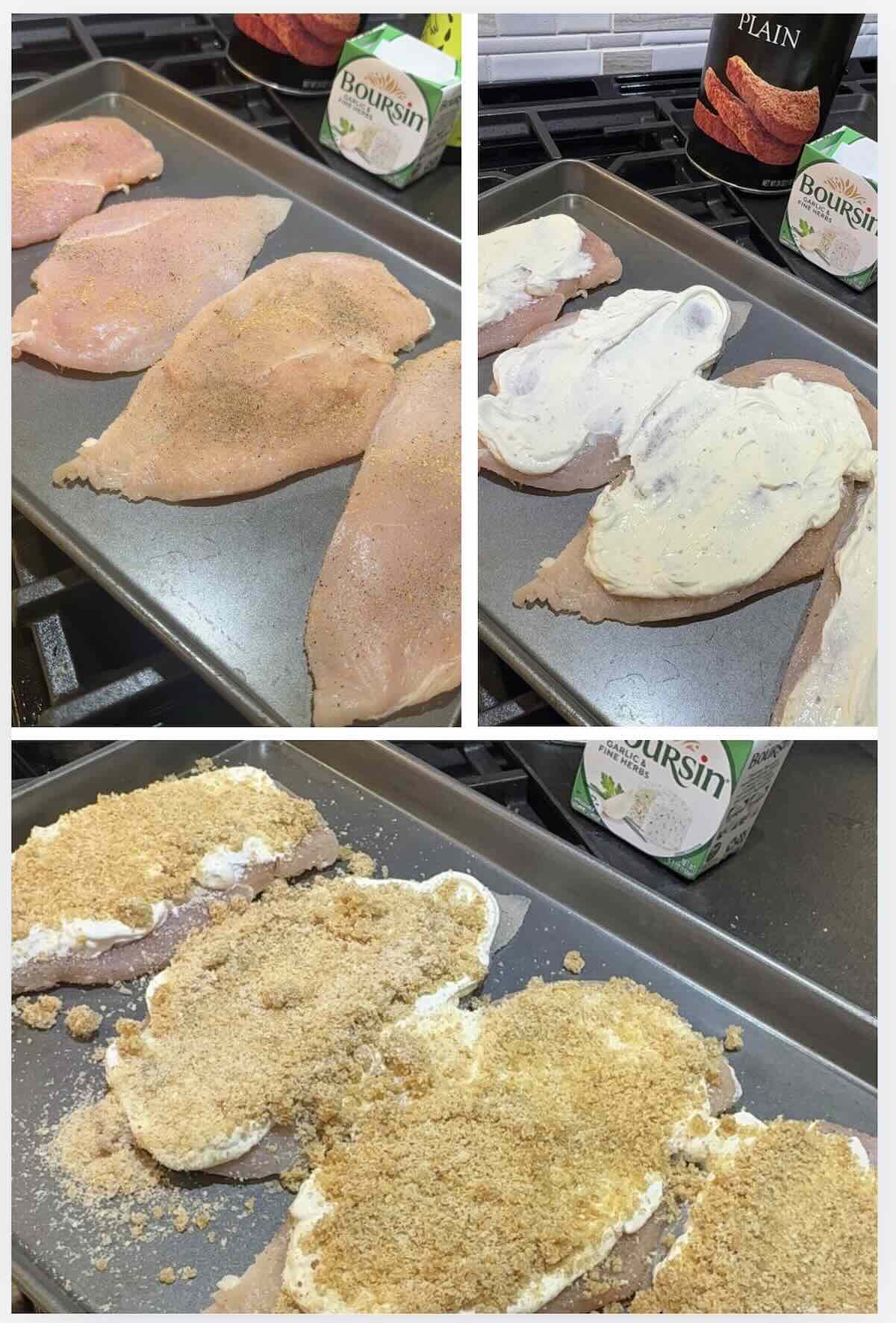 seasoned chicken breast with boursin cheese and breadcrumbs on top
