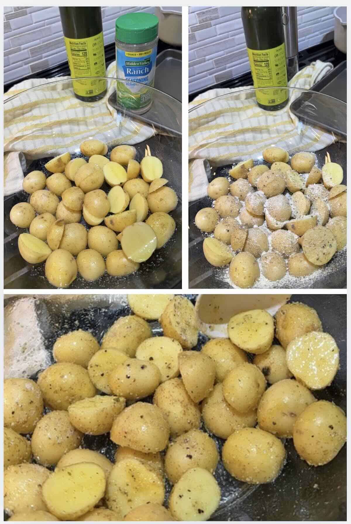 baby potatoes sliced in half and tossed with ranch and other seasonings