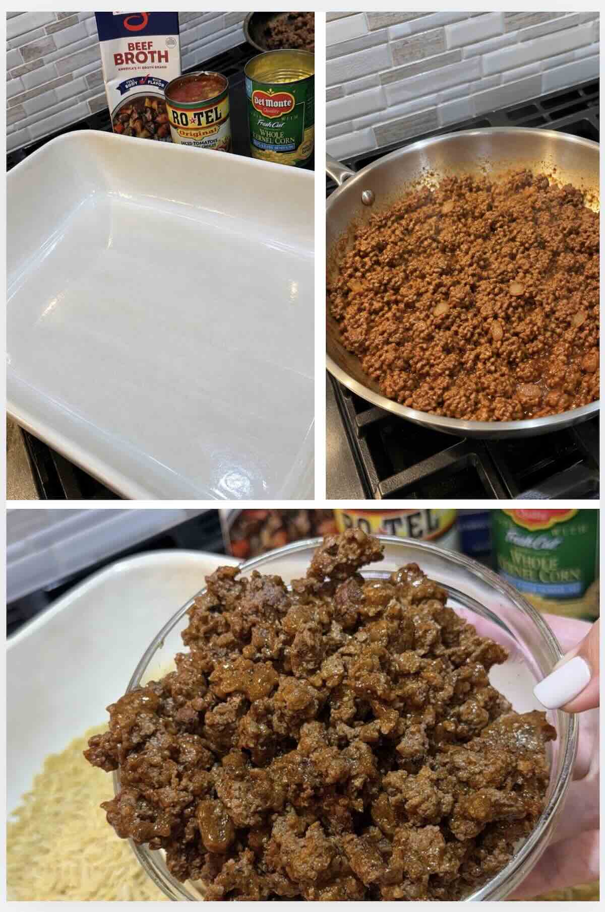greased baking dish with taco seasoned ground beef