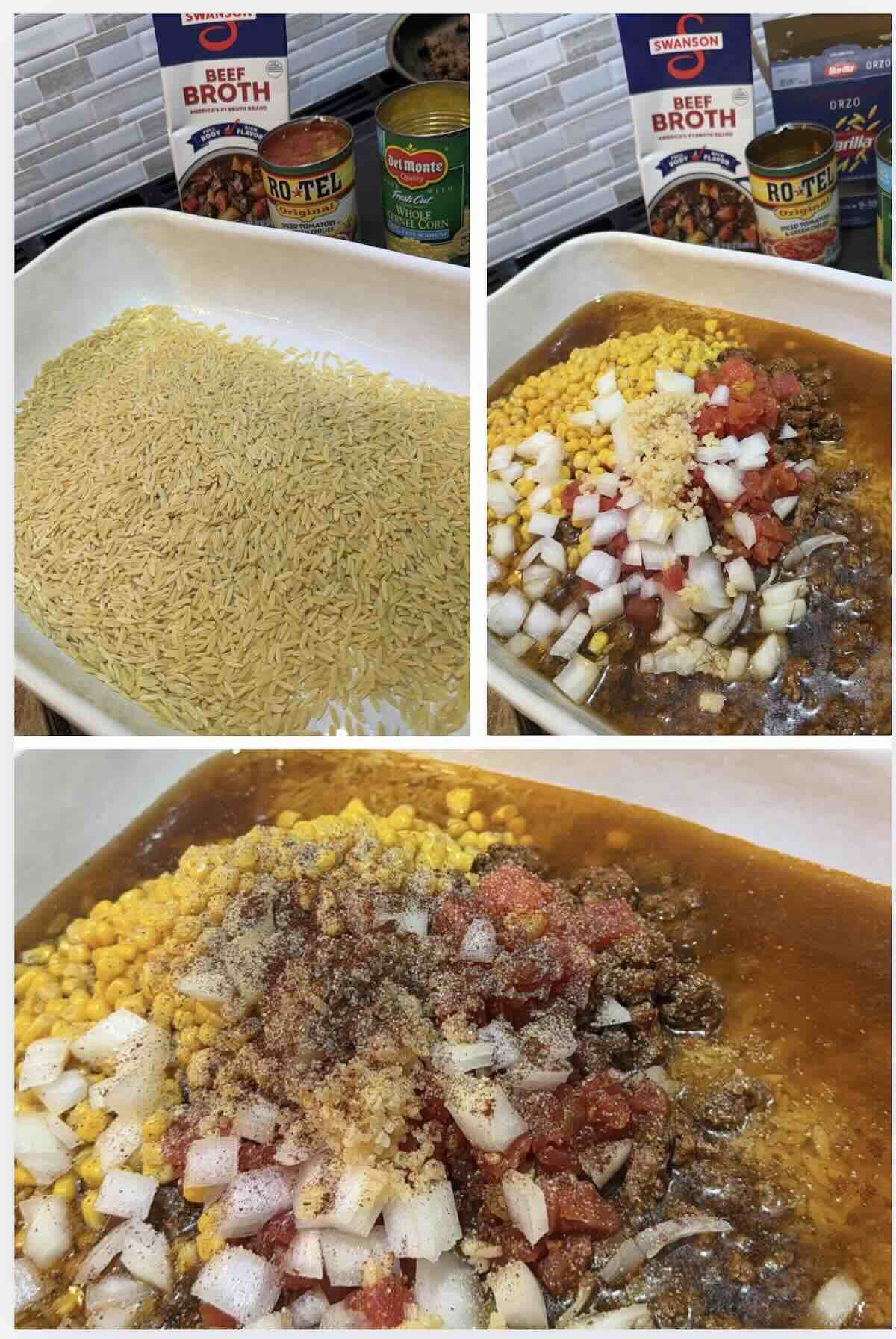 orzo, beef broth, taco seasoned ground beef, rotel and corn in baking dish.