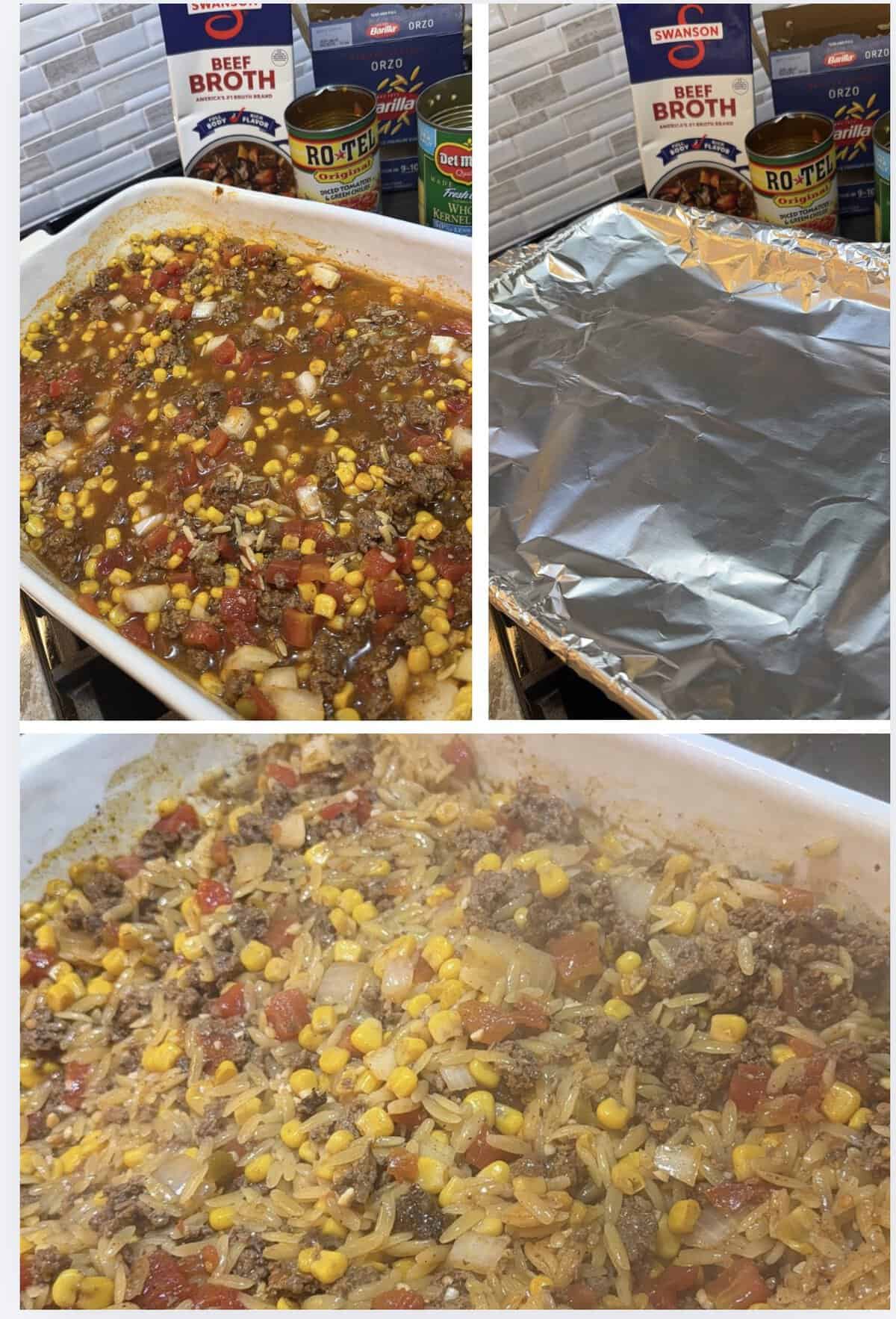 taco orzo covered in baking dish and cooked