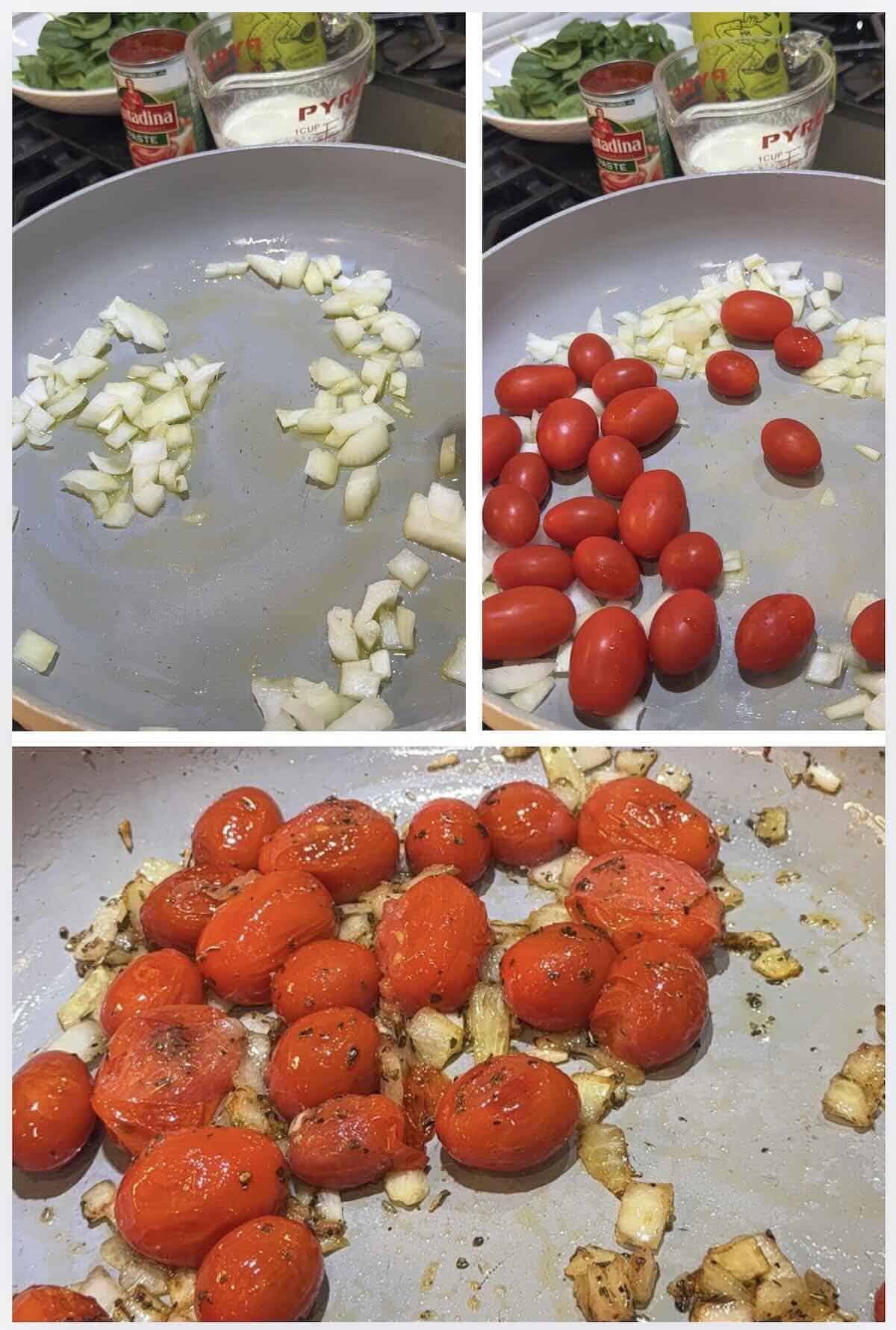 Diced onion and Cherry tomatoes blistered in skillet