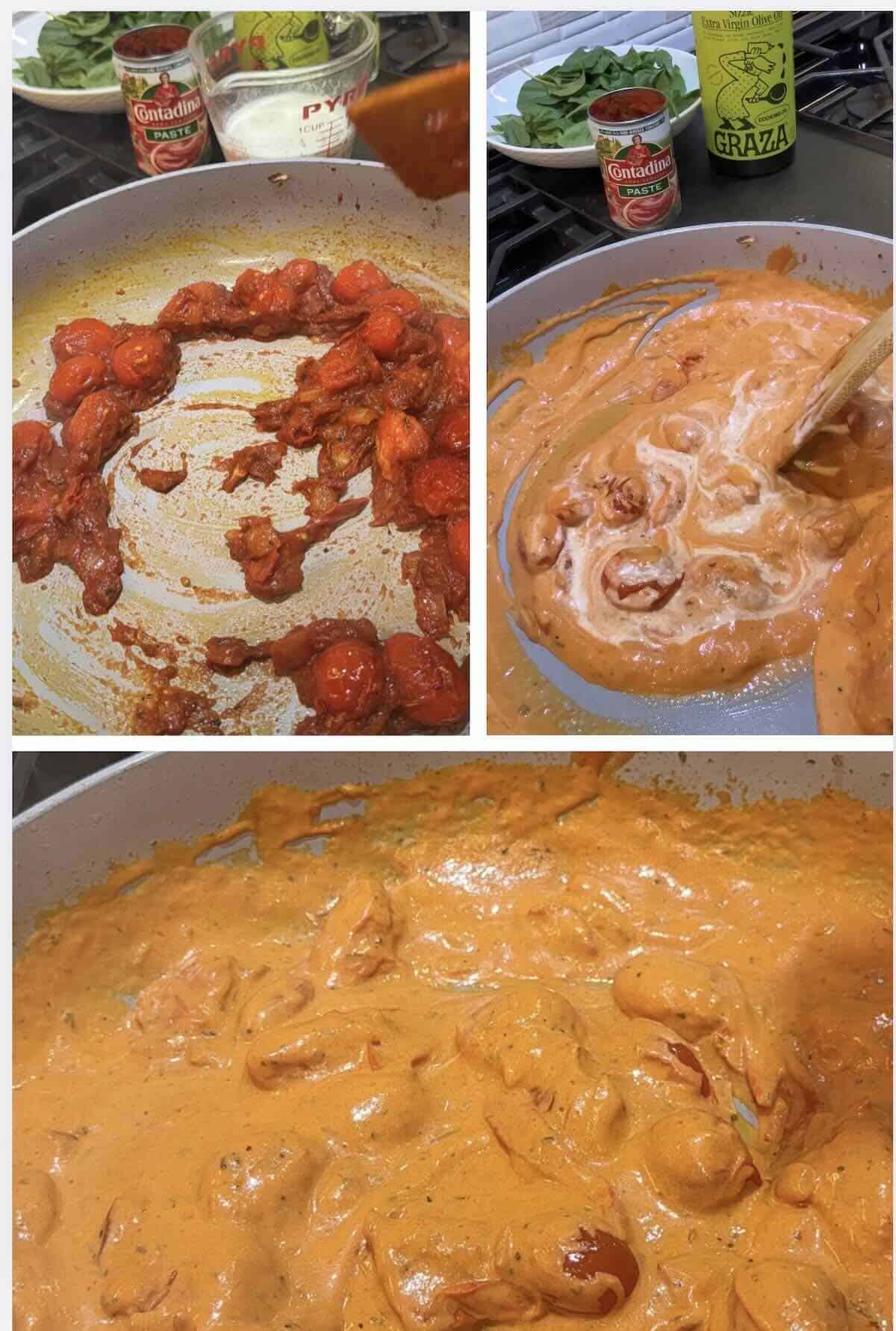 heavy cream, tomato paste and parmesan cheese stirred into skillet