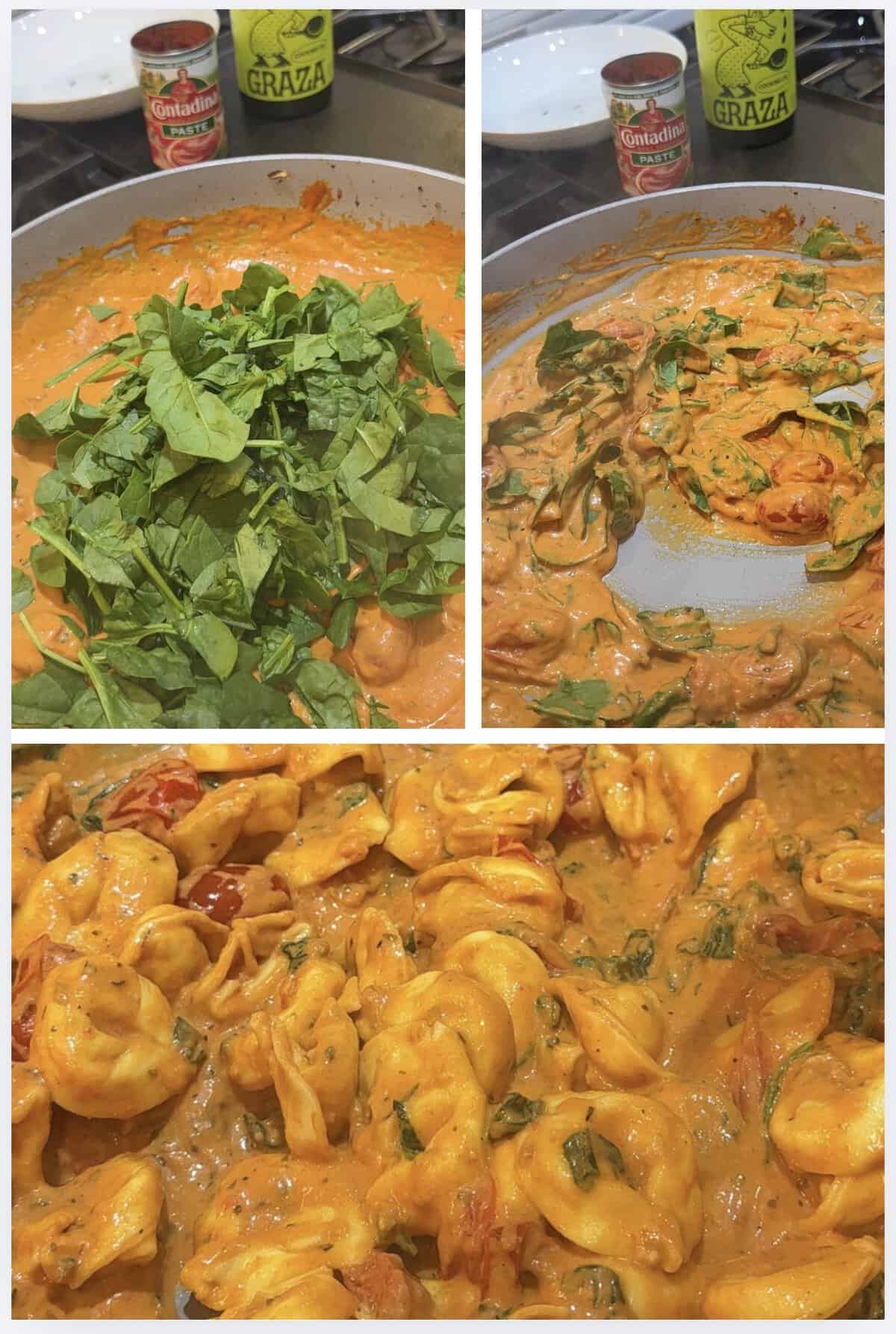 spinach and tortellini added to skillet