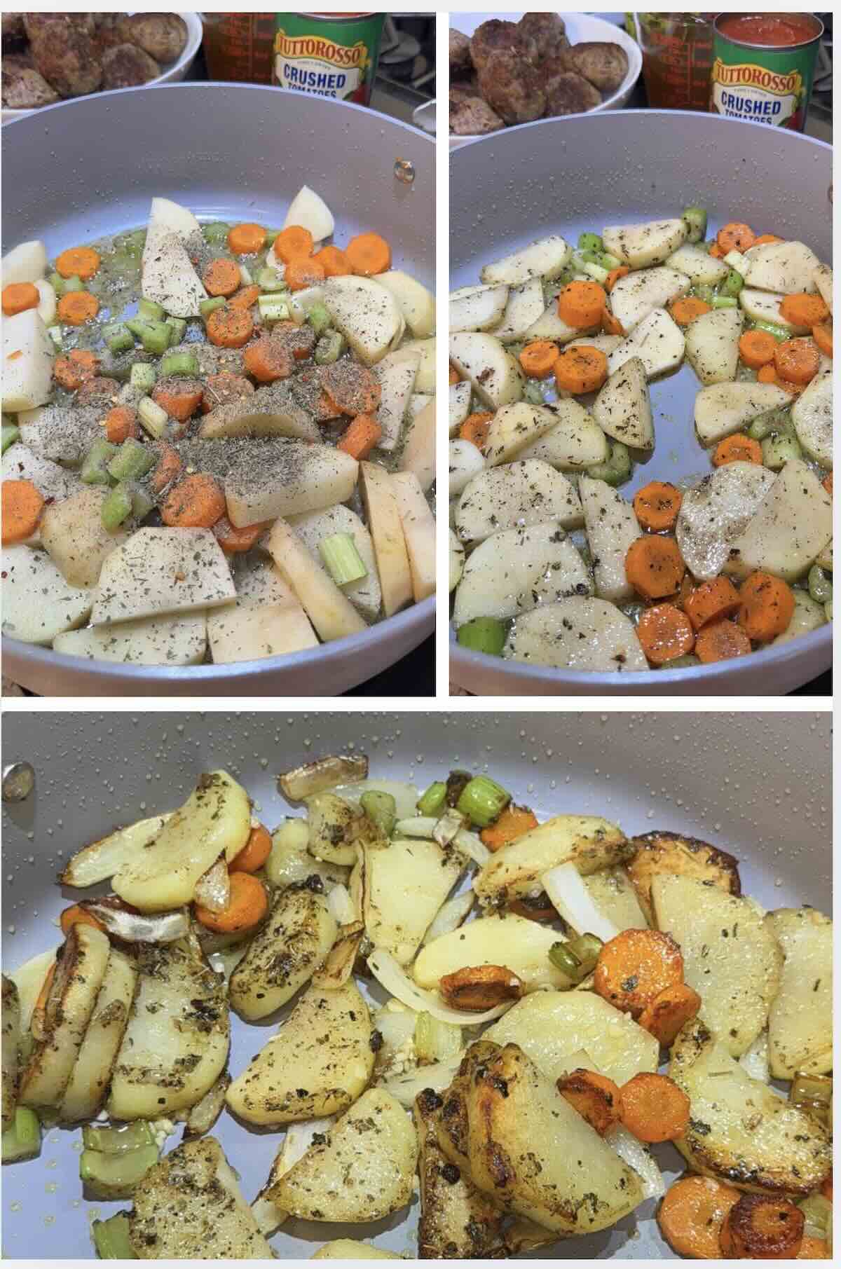potatoes, celery, carrot and onion sauteed in skillet