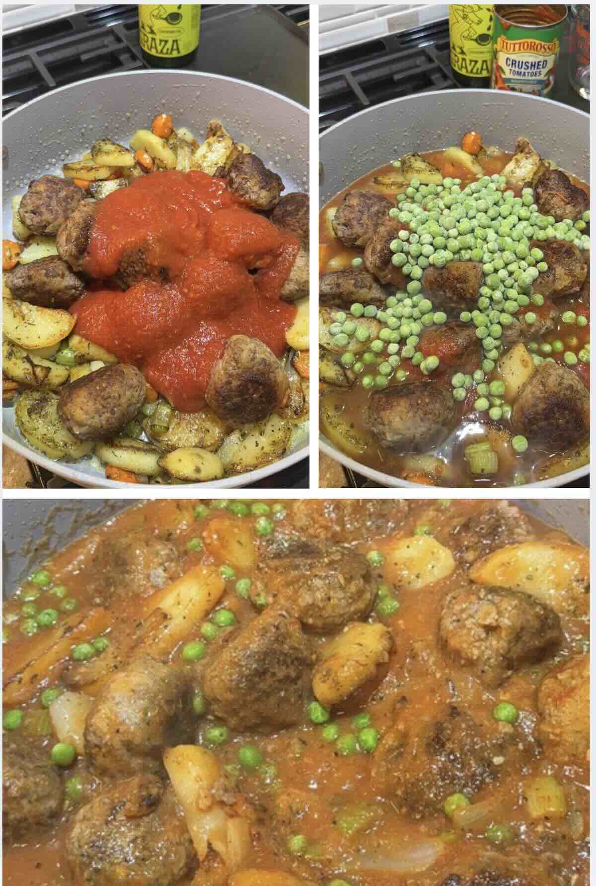 crushed tomatoes and frozen peas to the meatball stew