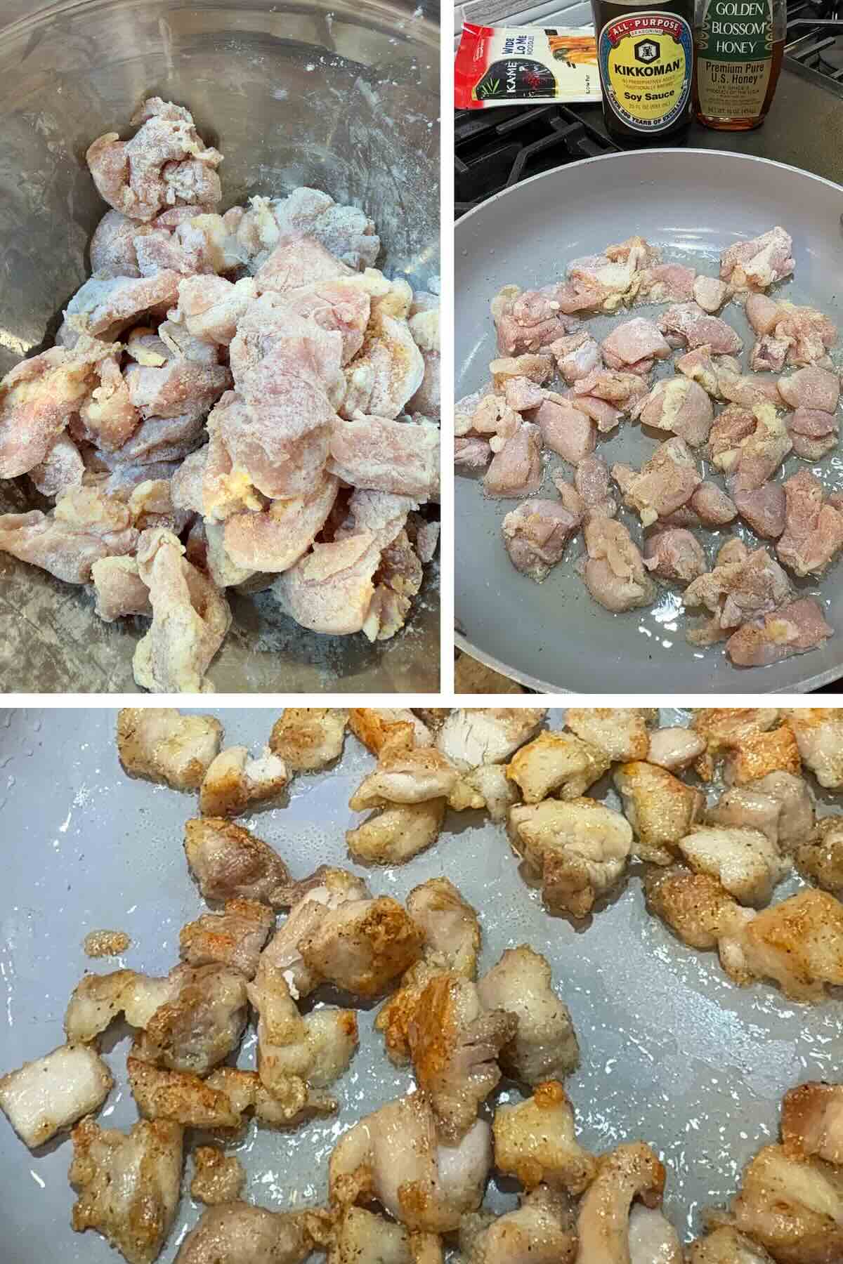 chicken thighs cut into small pieces, seasoned and pan friend in oil