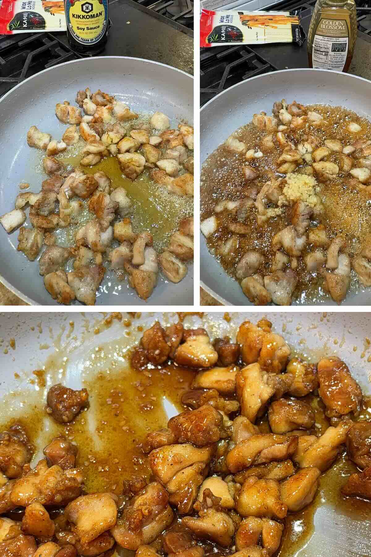 soy sauce, honey and garlic added to cooked chicken thighs in skillet