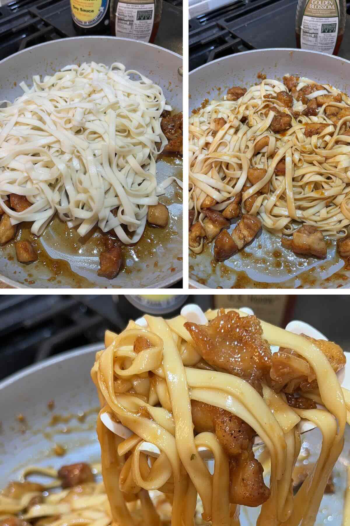 cooked lo mien noodles tossed into the chicken and sauce