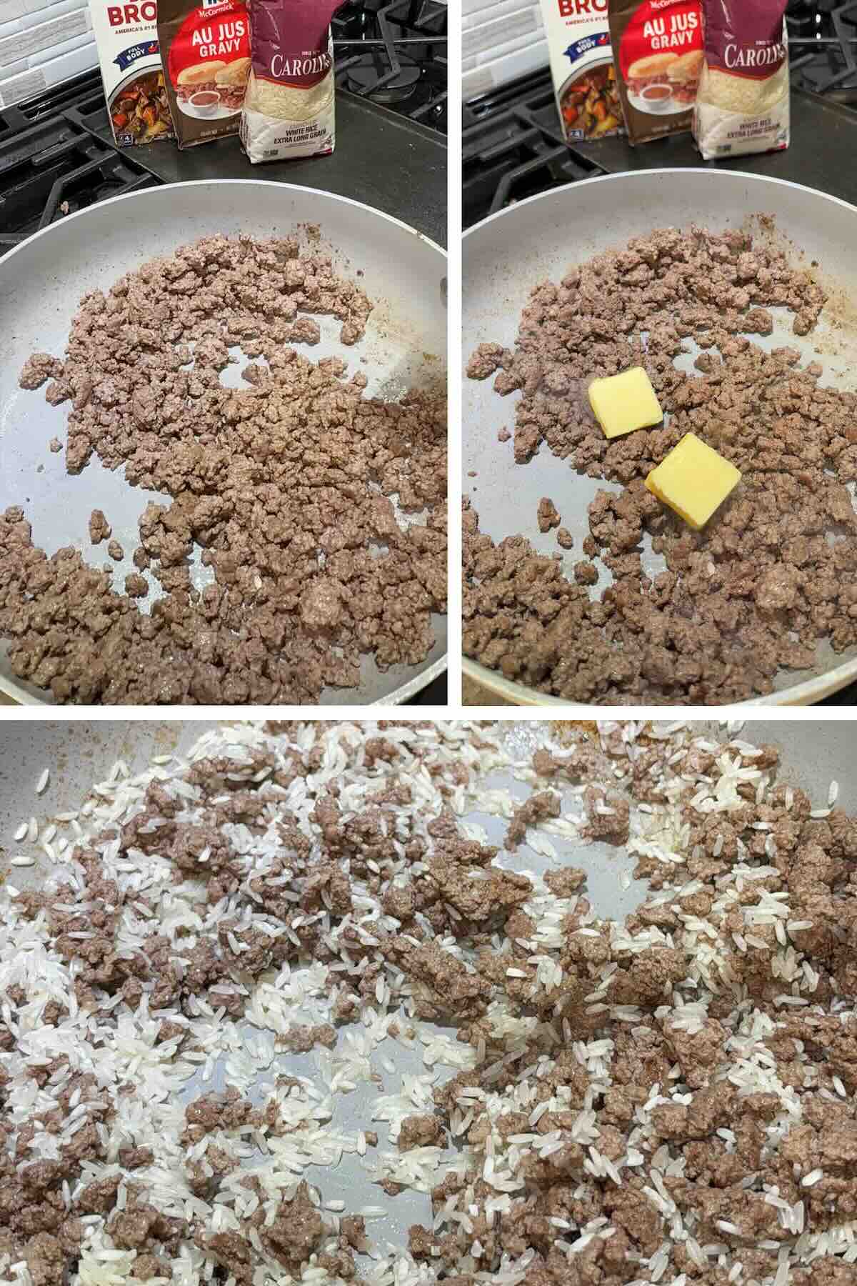 ground beef browned in a skillet with butter and rice