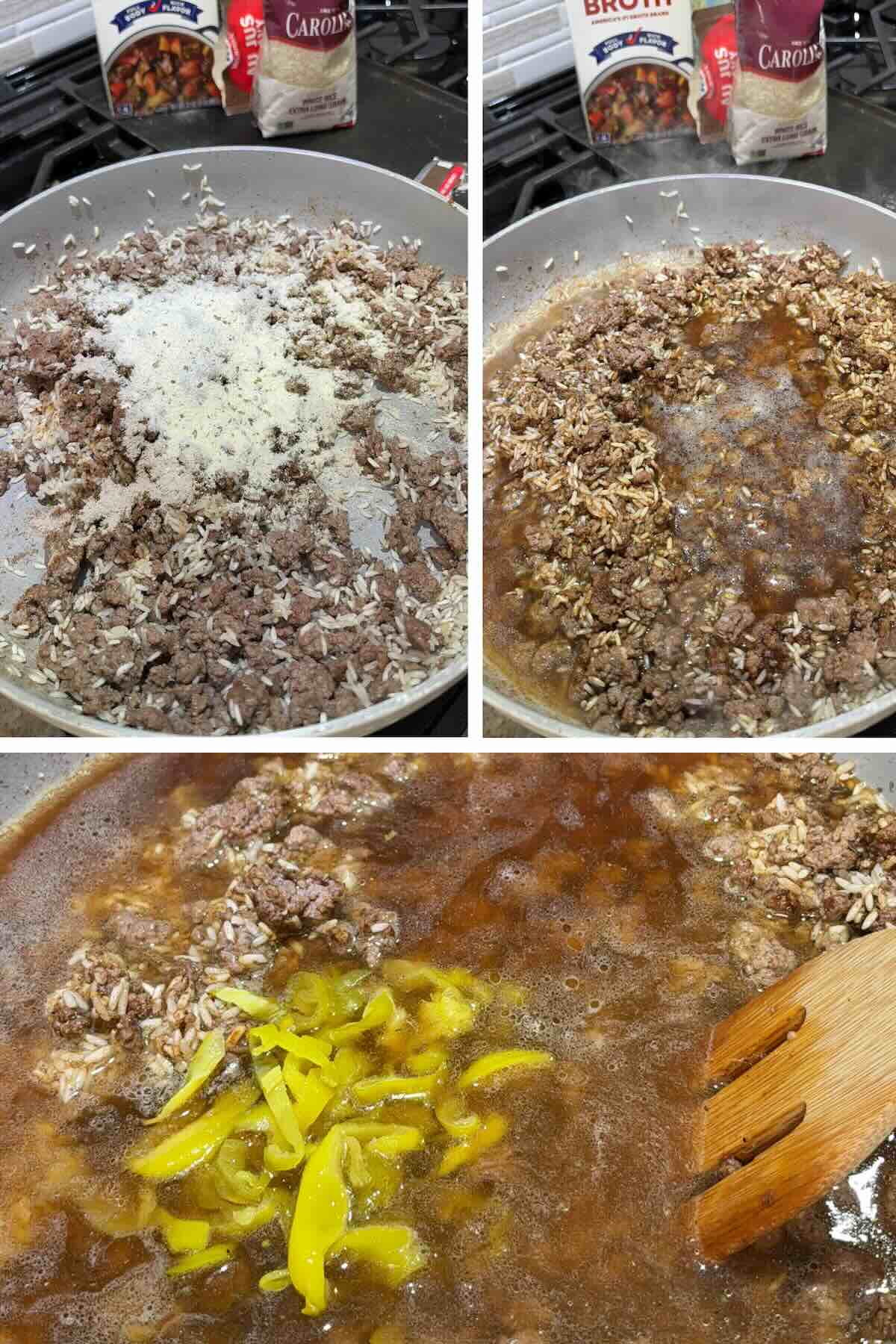 ground beef and rice in skillet with beef broth, au jus seasoning and ranch seasoning