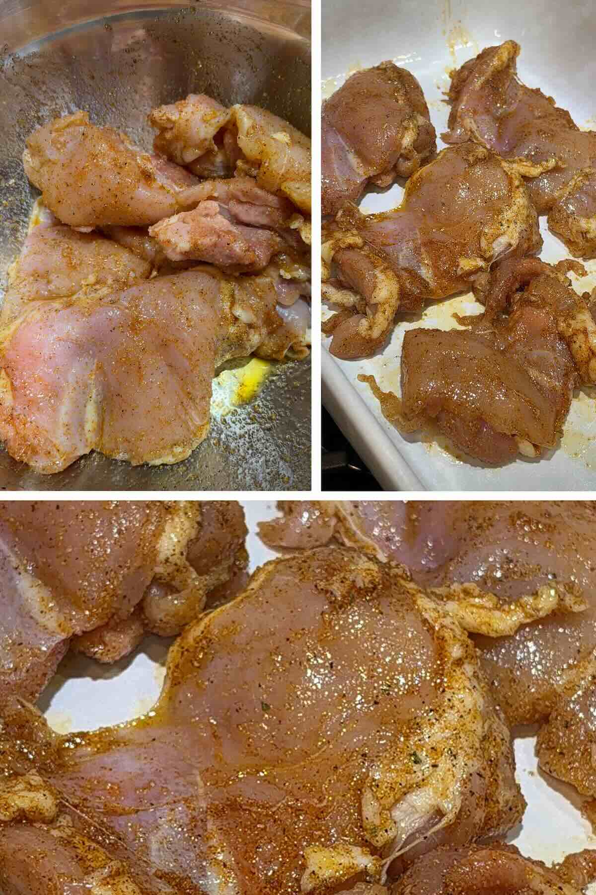seasoned boneless, skinless chicken thighs placed into a baking dish