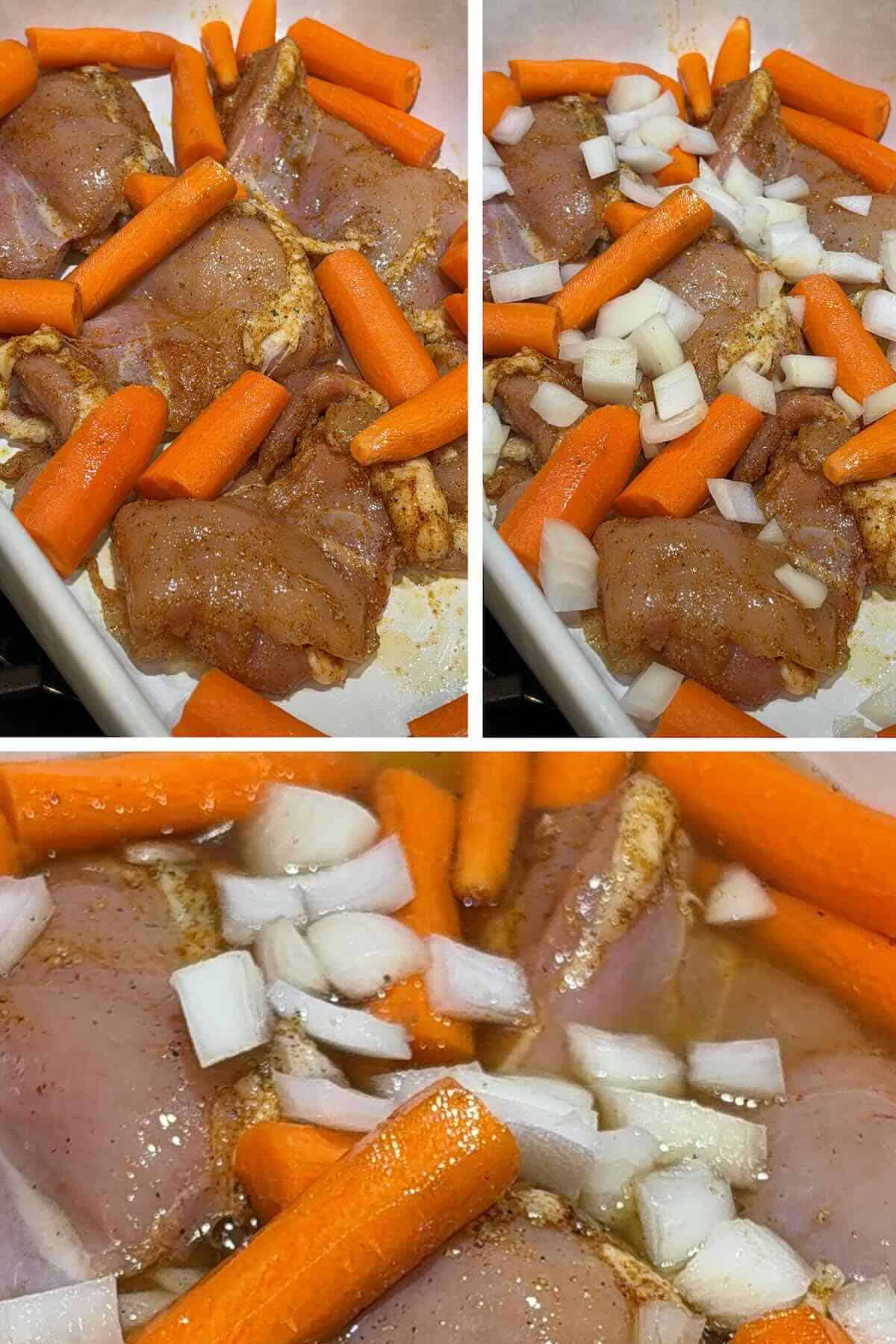 diced onion and peeled and cut carrots added to the season chicken thighs and covered in chicken broth