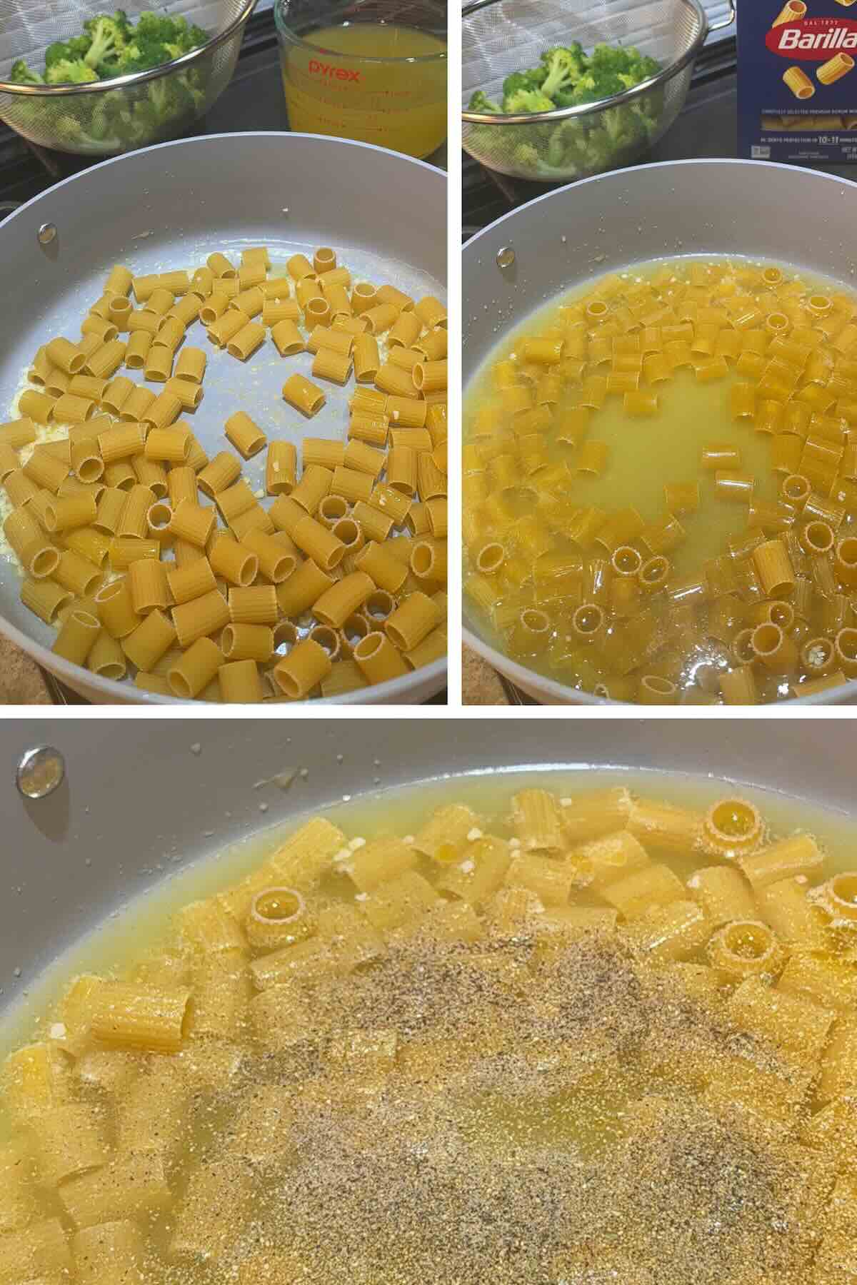 butter and garlic in a skillet with rigatoni and chicken broth