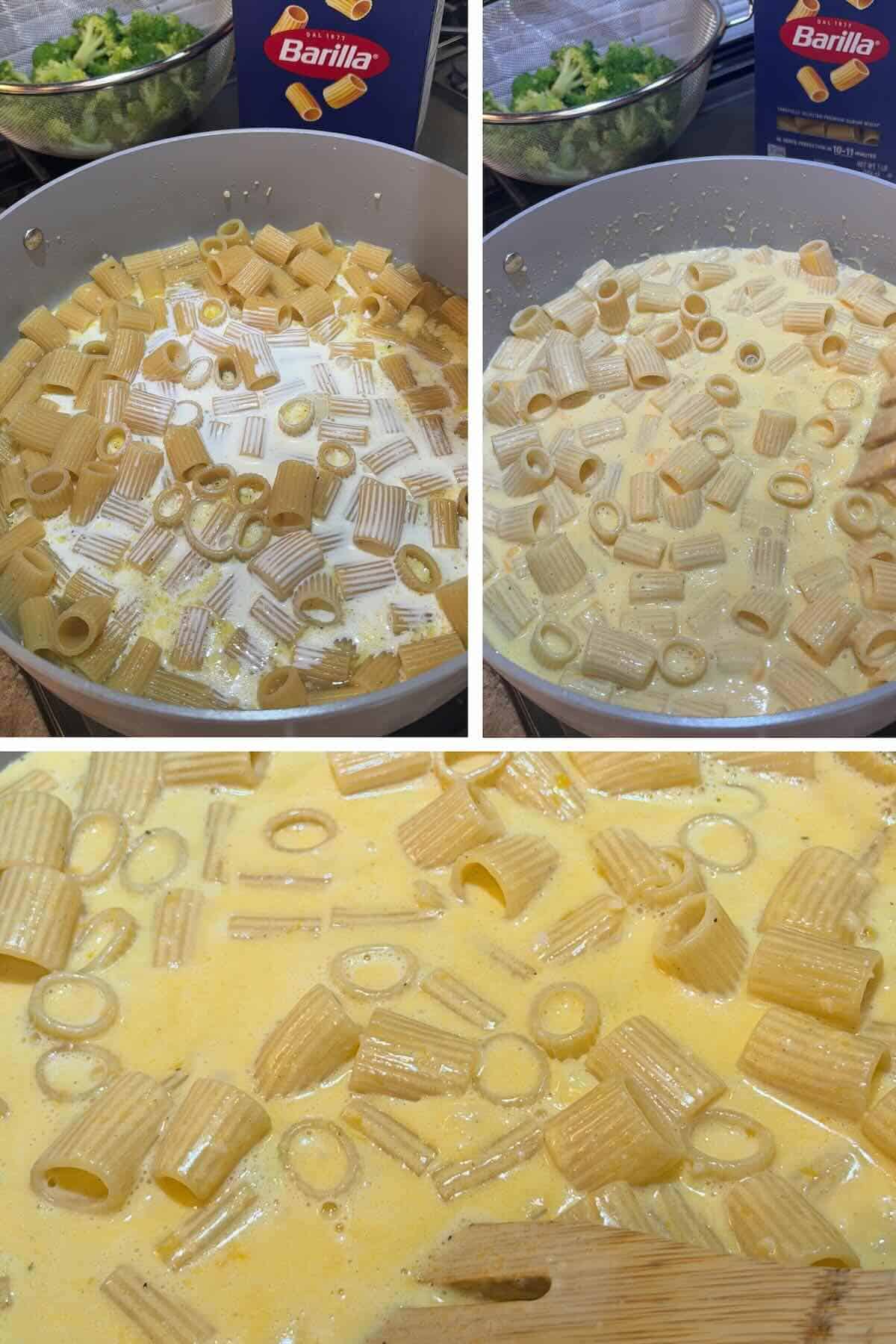 rigatoni cooked in chicken broth with heavy cream and melted cheddar cheese