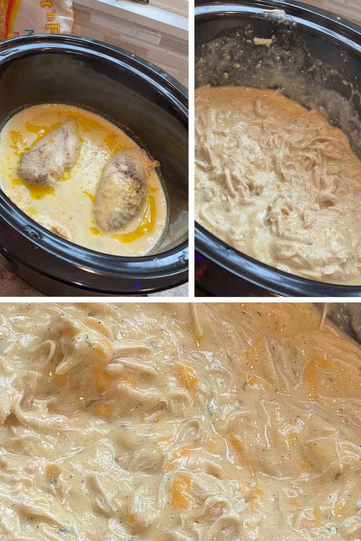 chicken cooked and shredded in crockpot and stirred into sauce