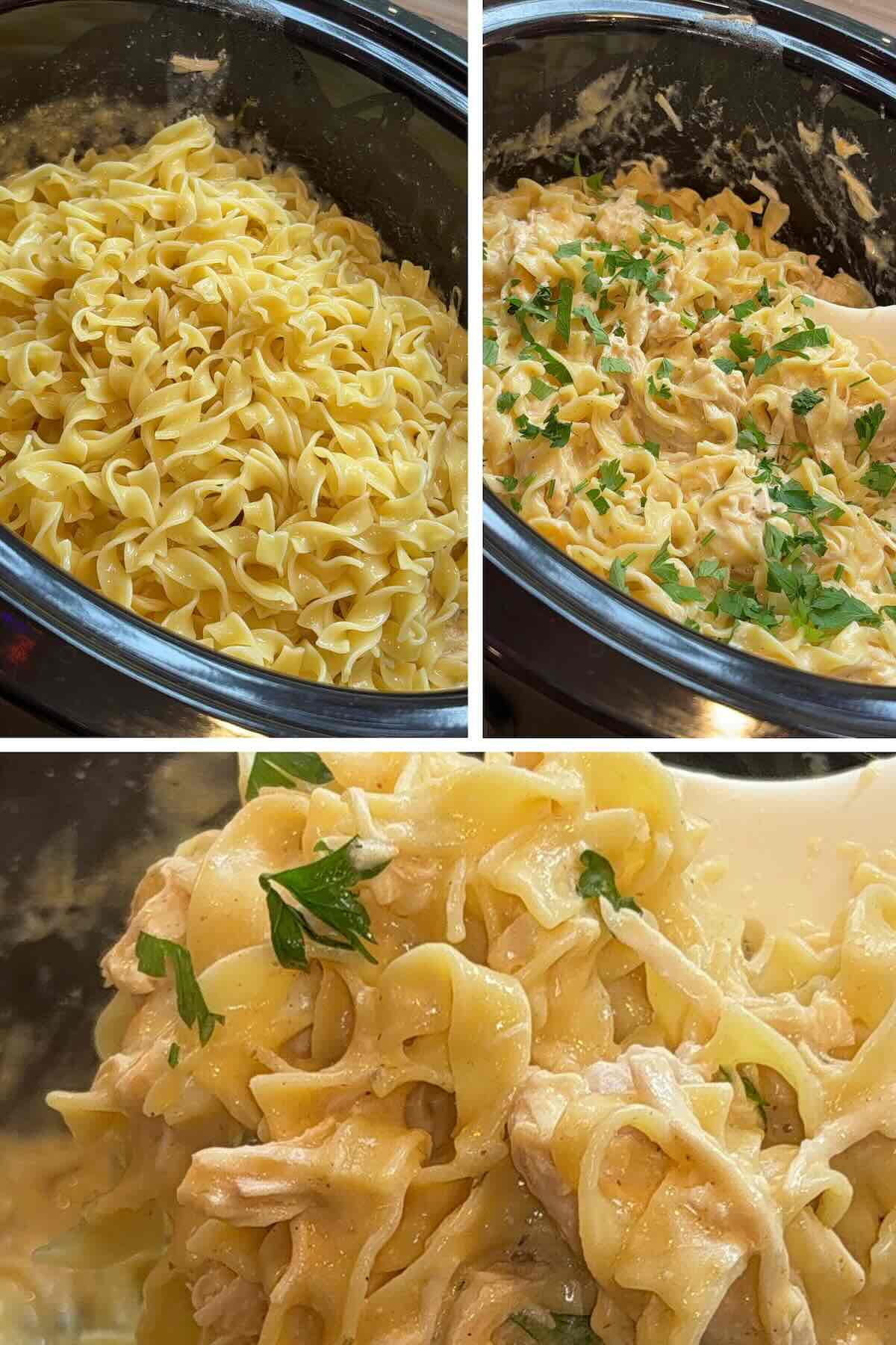 egg noodles mixed into the chicken and sauce in the crockpot