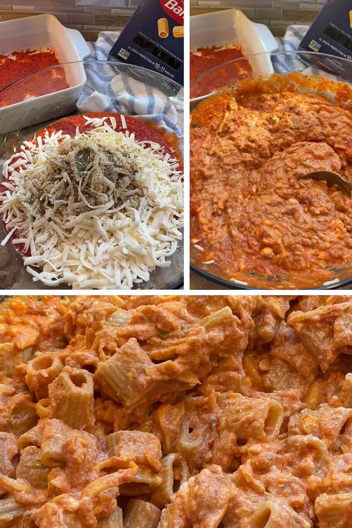 tomato sauce, cheeses and pasta stirred together in a bowl.