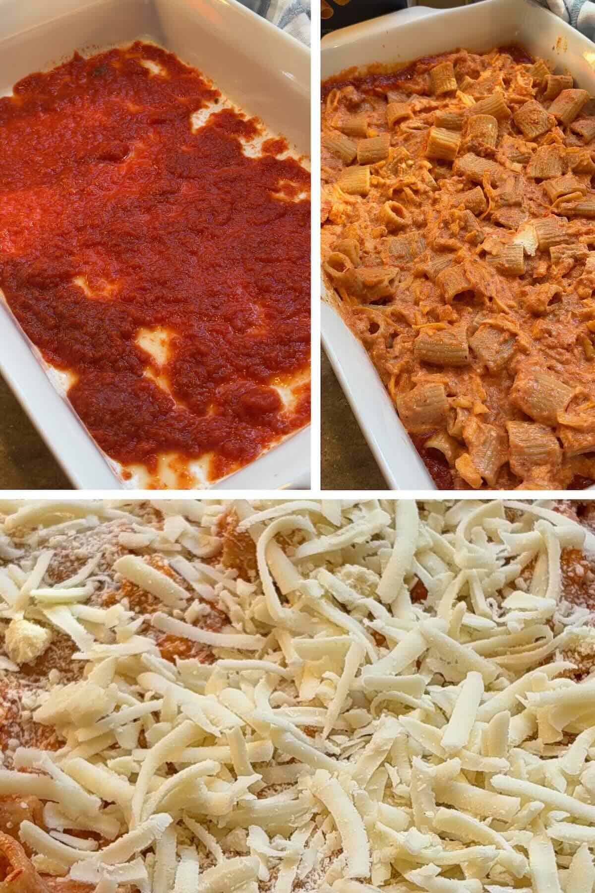 pasta, sauce and cheese spread out into a sauce lined baking dish and topped with more cheese