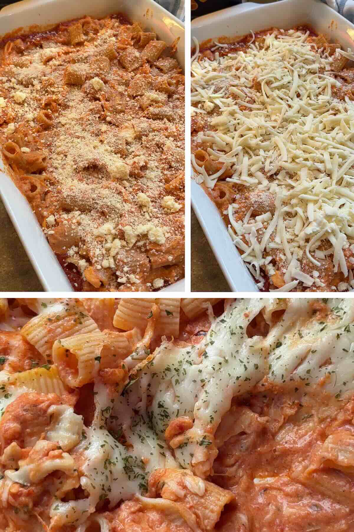pasta topped with cheese and baked in the oven until hot and bubbly