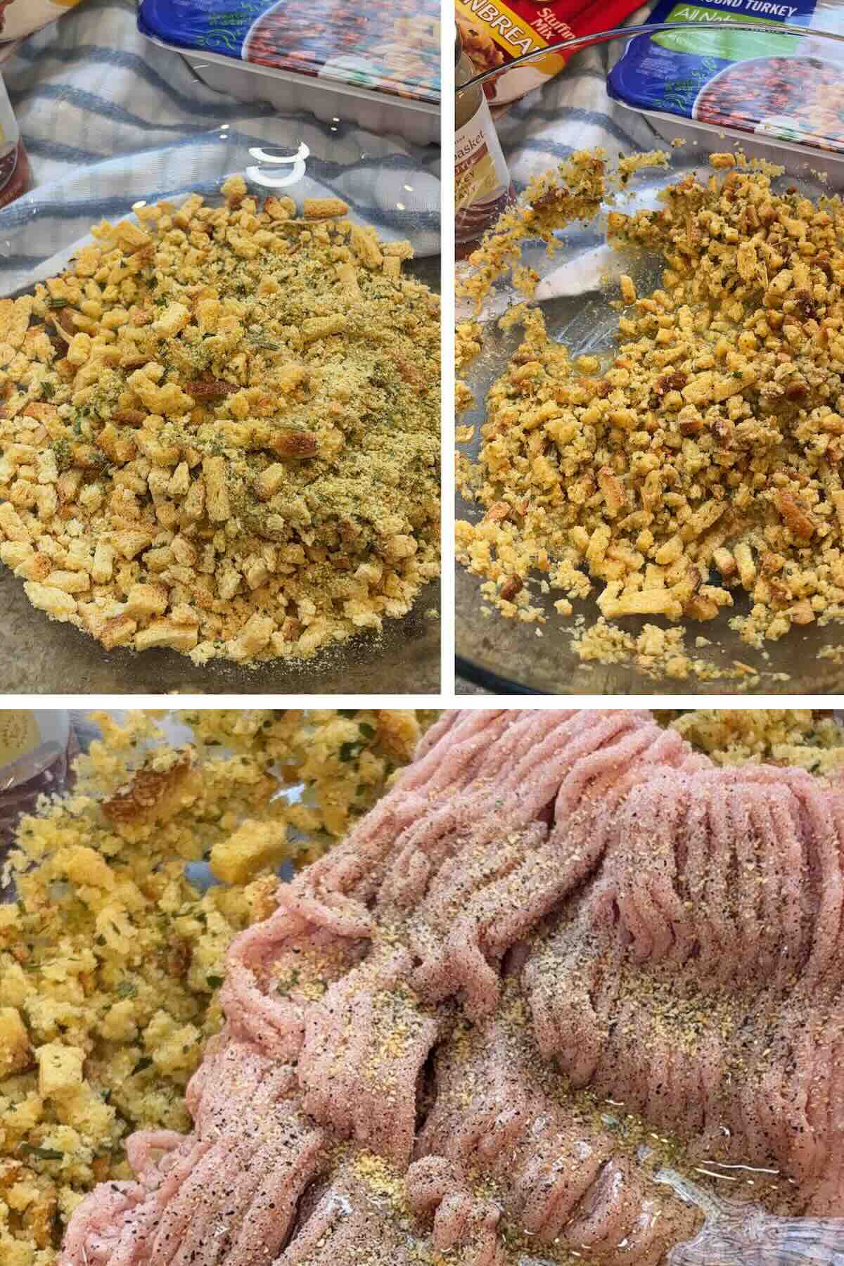 stuffing softened in chicken broth with ground turkey, and egg and seasoning
