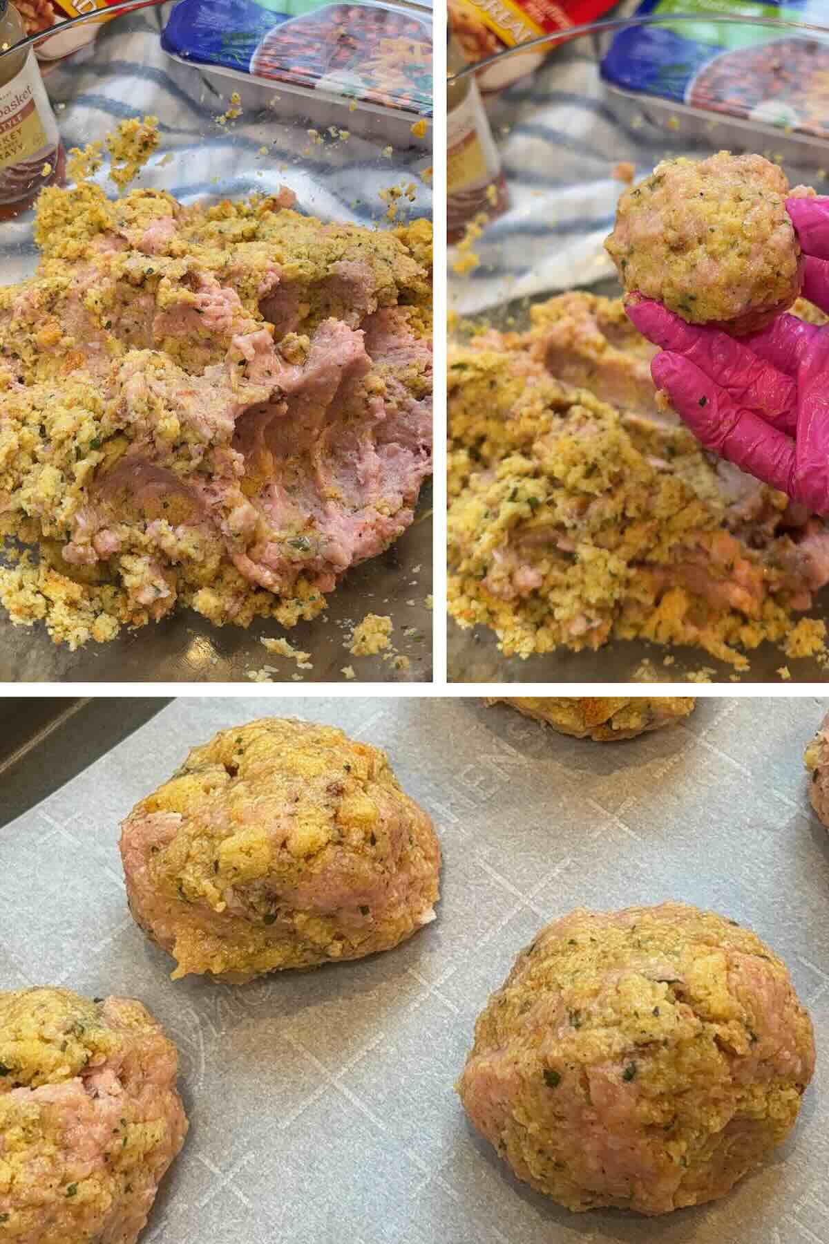 turkey and stuffing meatballs formed and placed onto a baking sheet