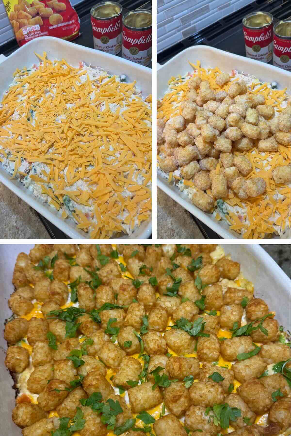 chicken pot pie filling topped with shredded cheddar cheese and tater tots then baked until golden brown