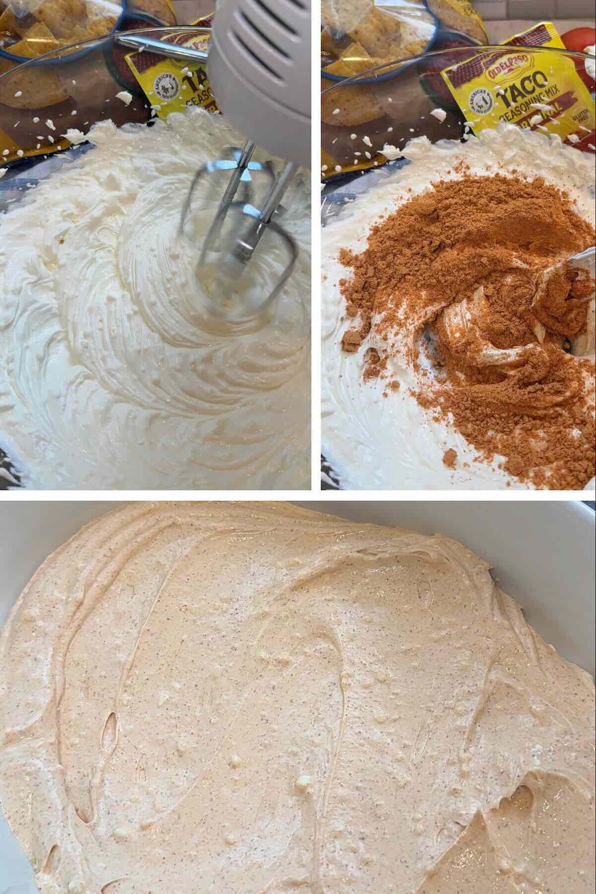 Cream cheese and sour cream mixed with taco seasoning and spread into a serving dish