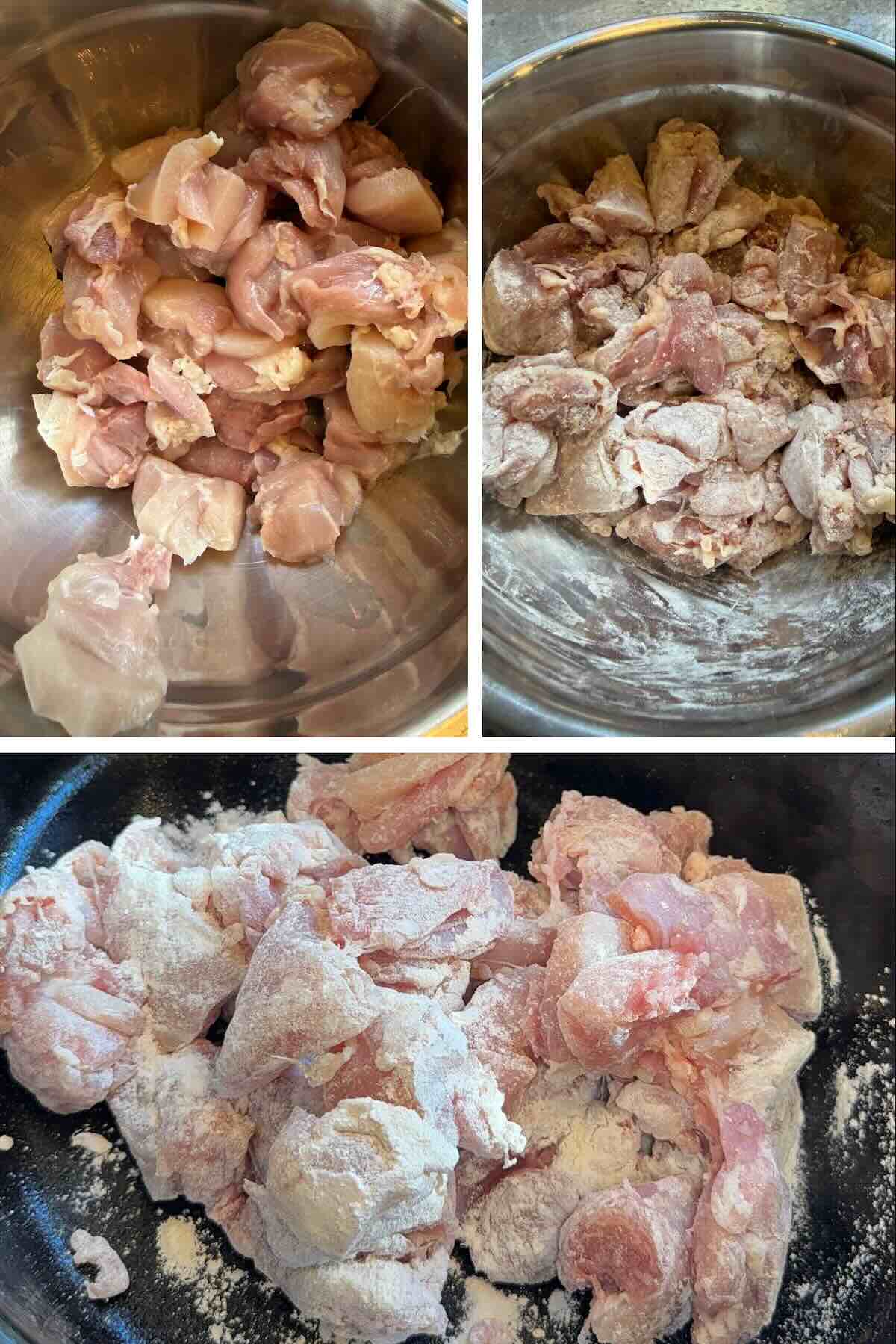 chicken thighs cubed and tossed in flour then added to the crockpot