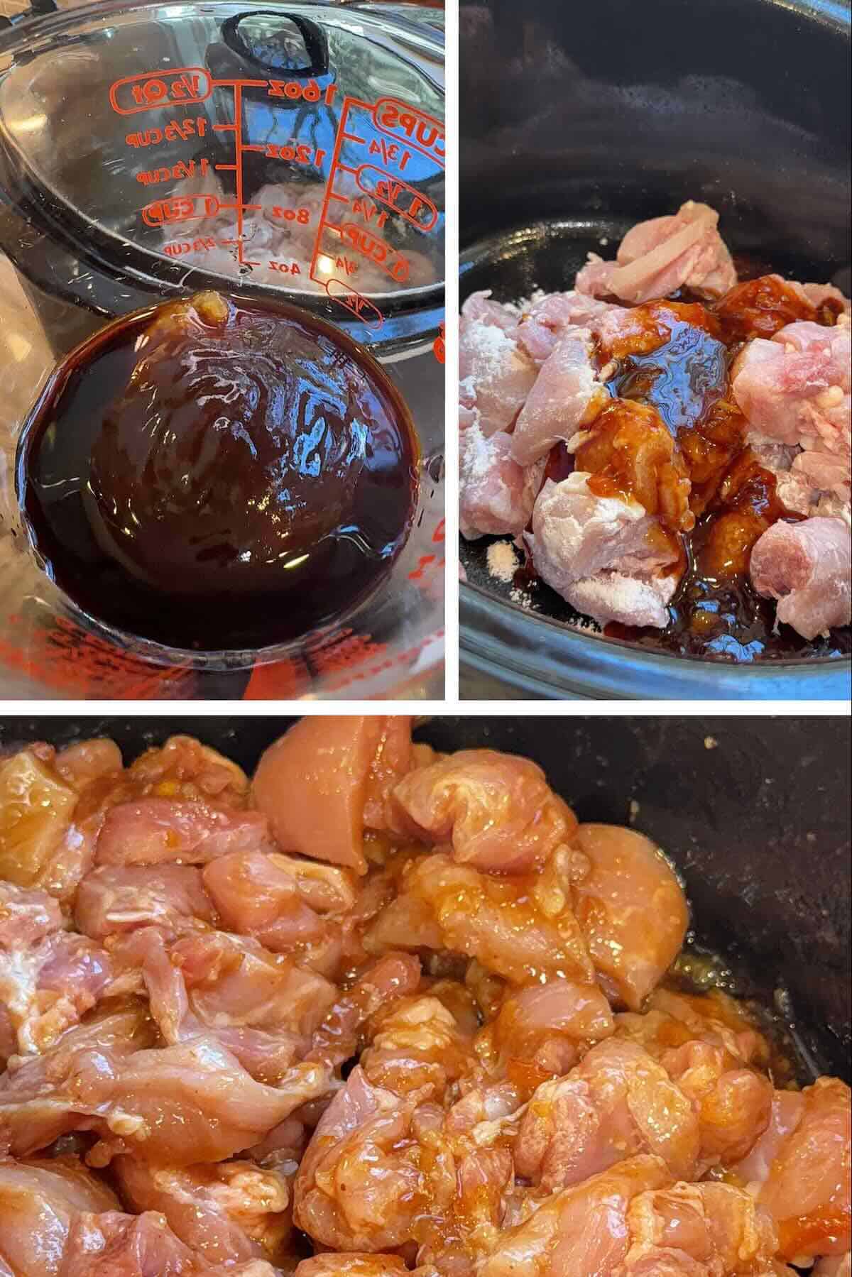 orange chicken sauce poured over and mixed into chicken