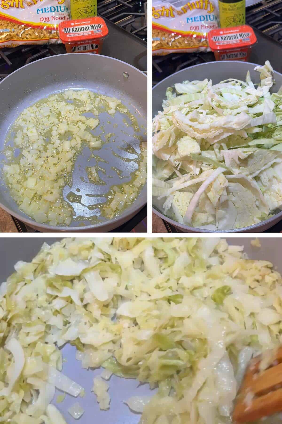 sauted onion, garlic and cabbage in skillet with butter