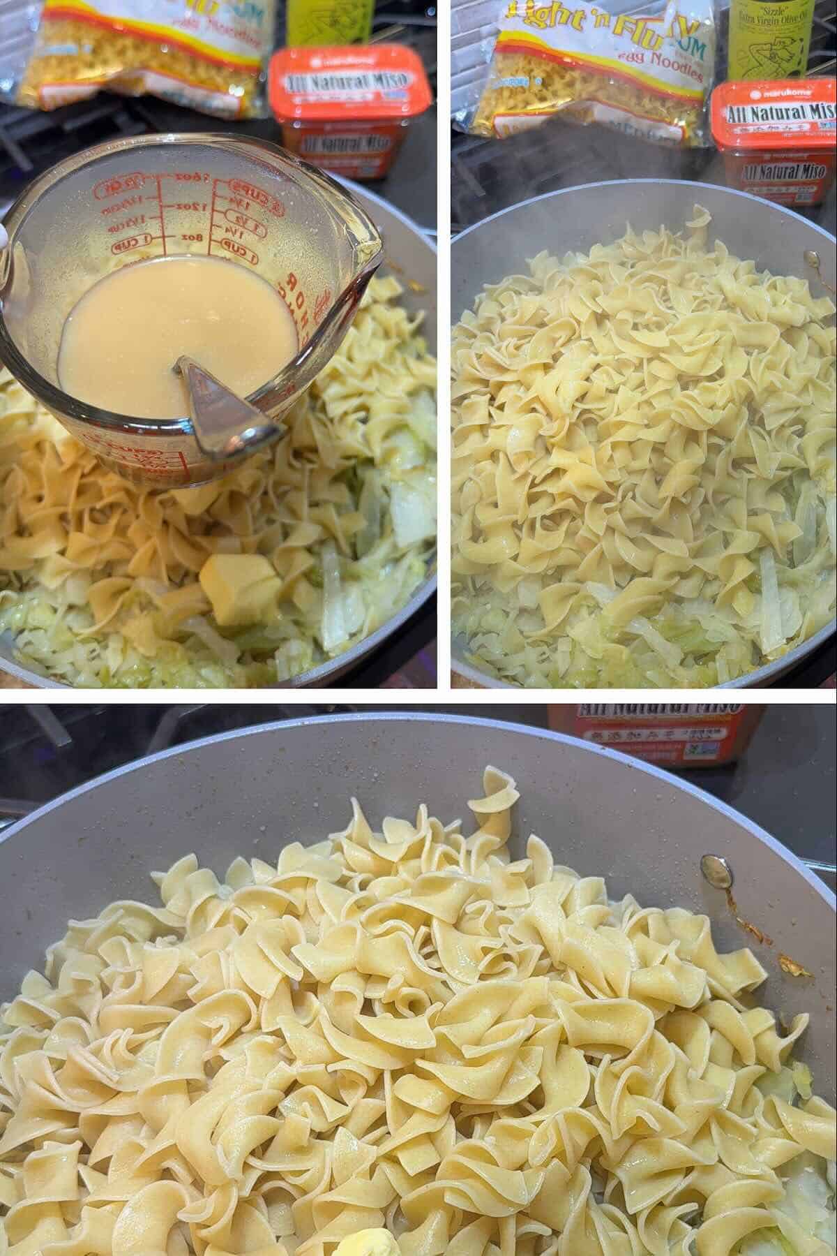 miso dissolved in pasta water and tossed in egg noodles and cabbage mixture