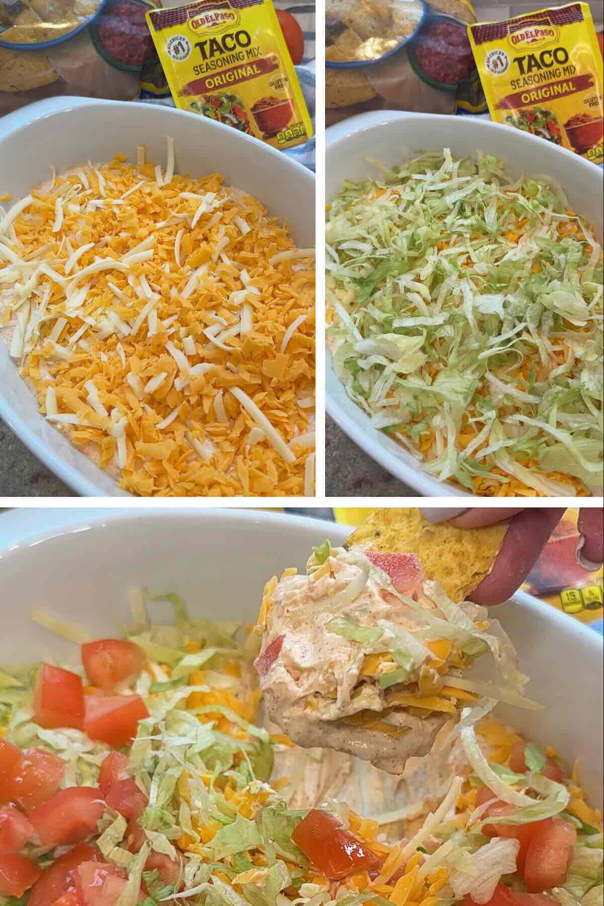 cheese, lettuce and diced tomatoes on top of cream cheese and sour cream taco spread