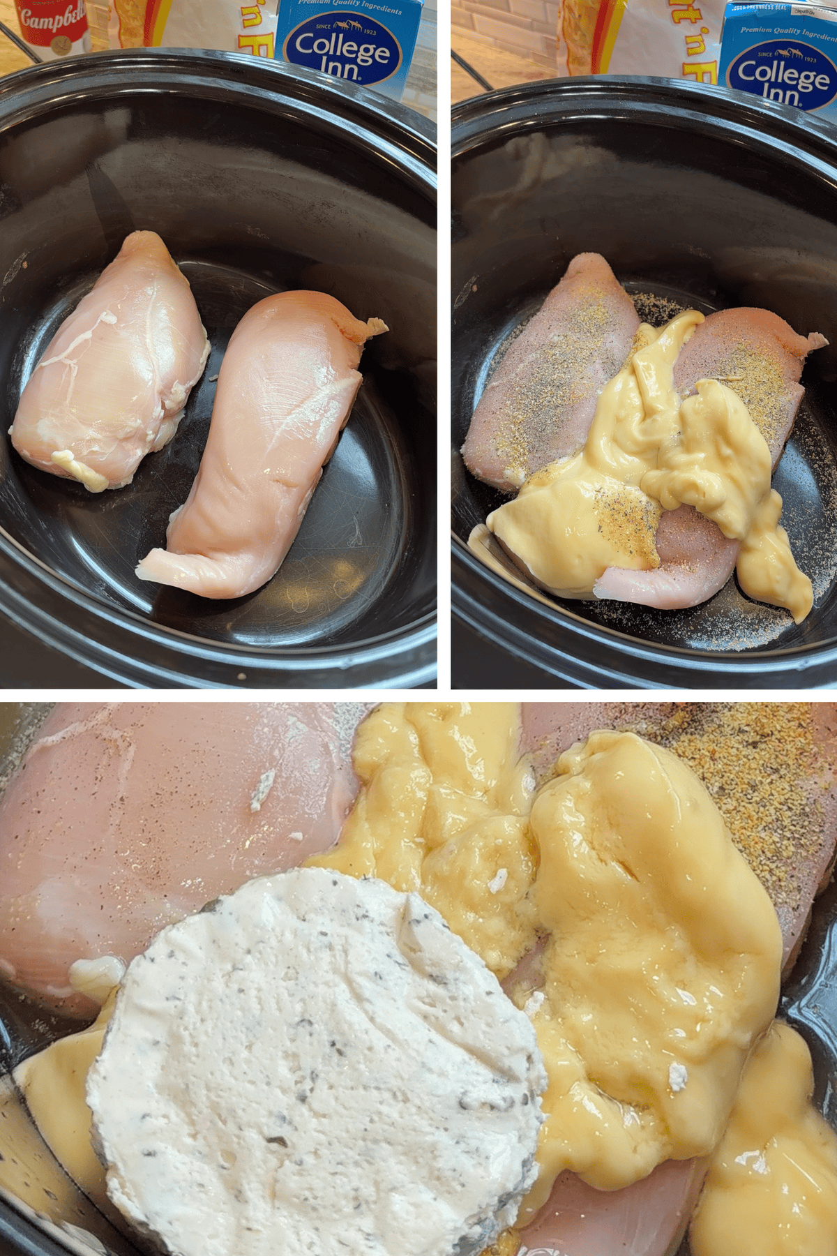 chicken breast in crockpot with cream of chicken soup. chicken broth and boursin cheese