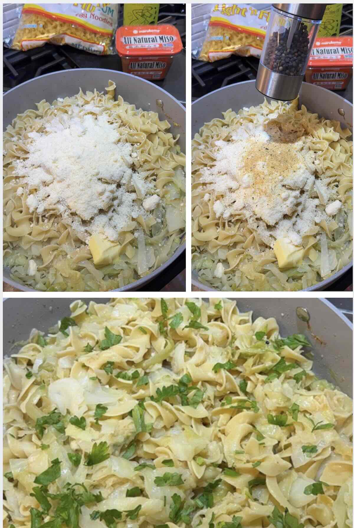 parmesan, butter and seasoning mixed into the miso noodles and cabbage
